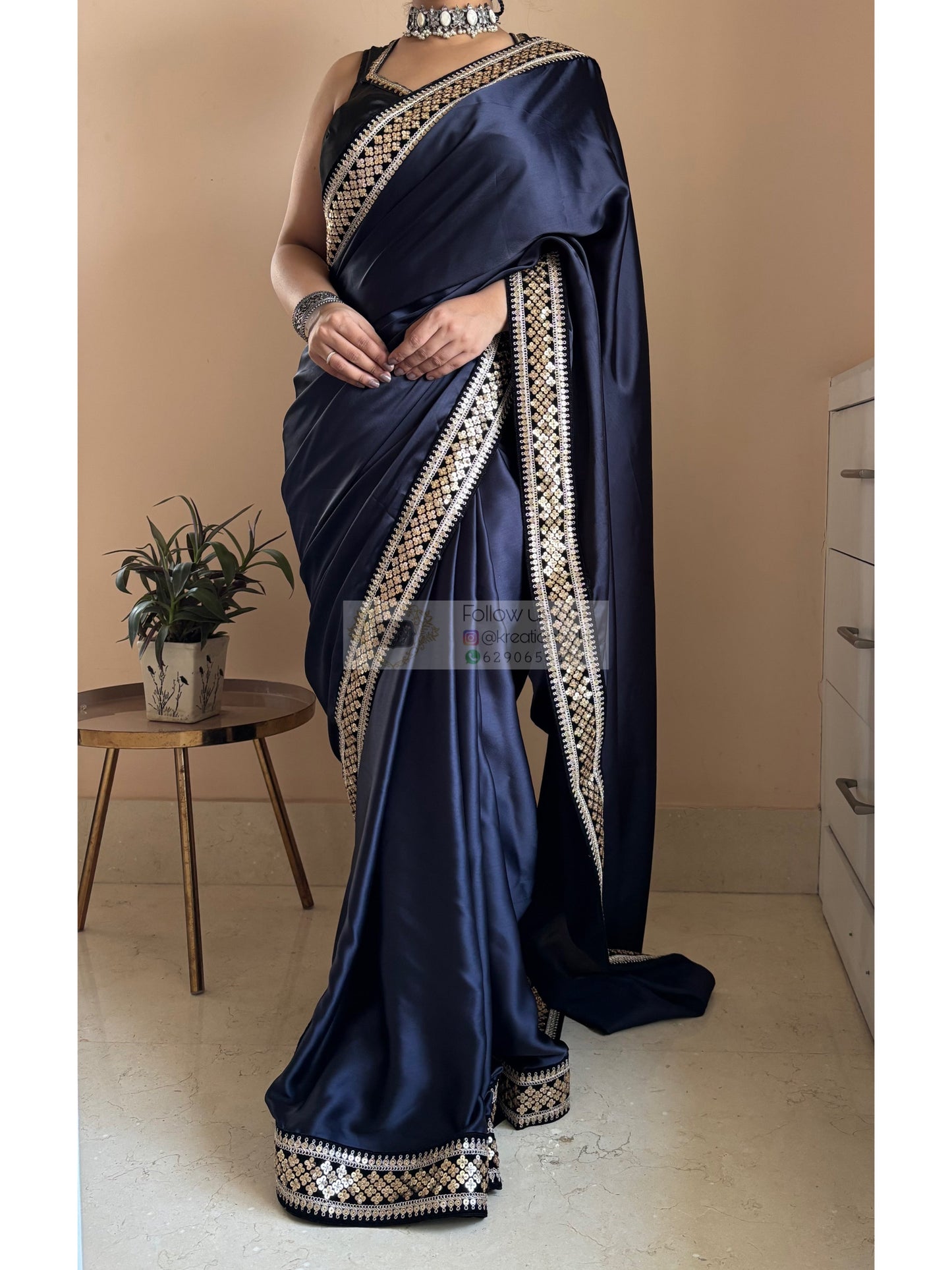 Dark Navy Blue Satin Silk Saree with Black Border kreationbykj