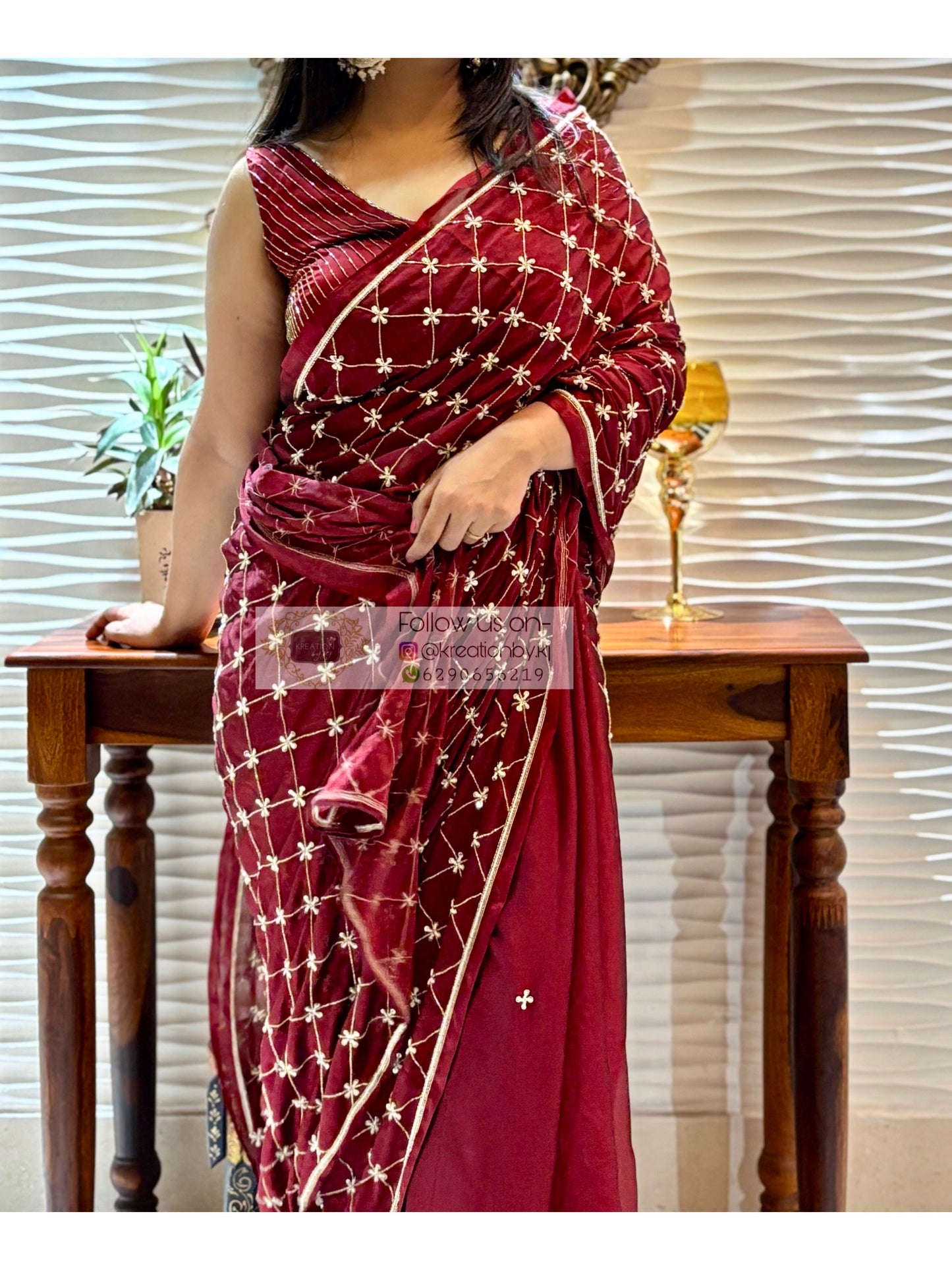 Maroon Georgette Cutdana Jaal Saree kreationbykj