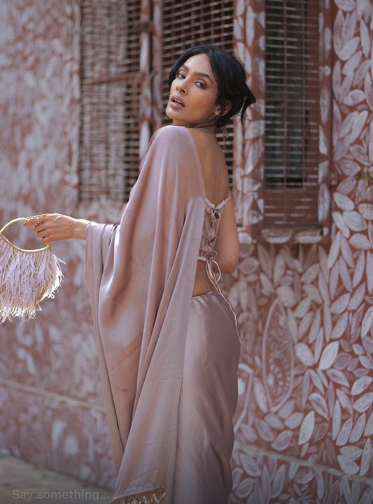 Lilac Satin Silk Saree with Handmade Cutdana Tassels on Pallu