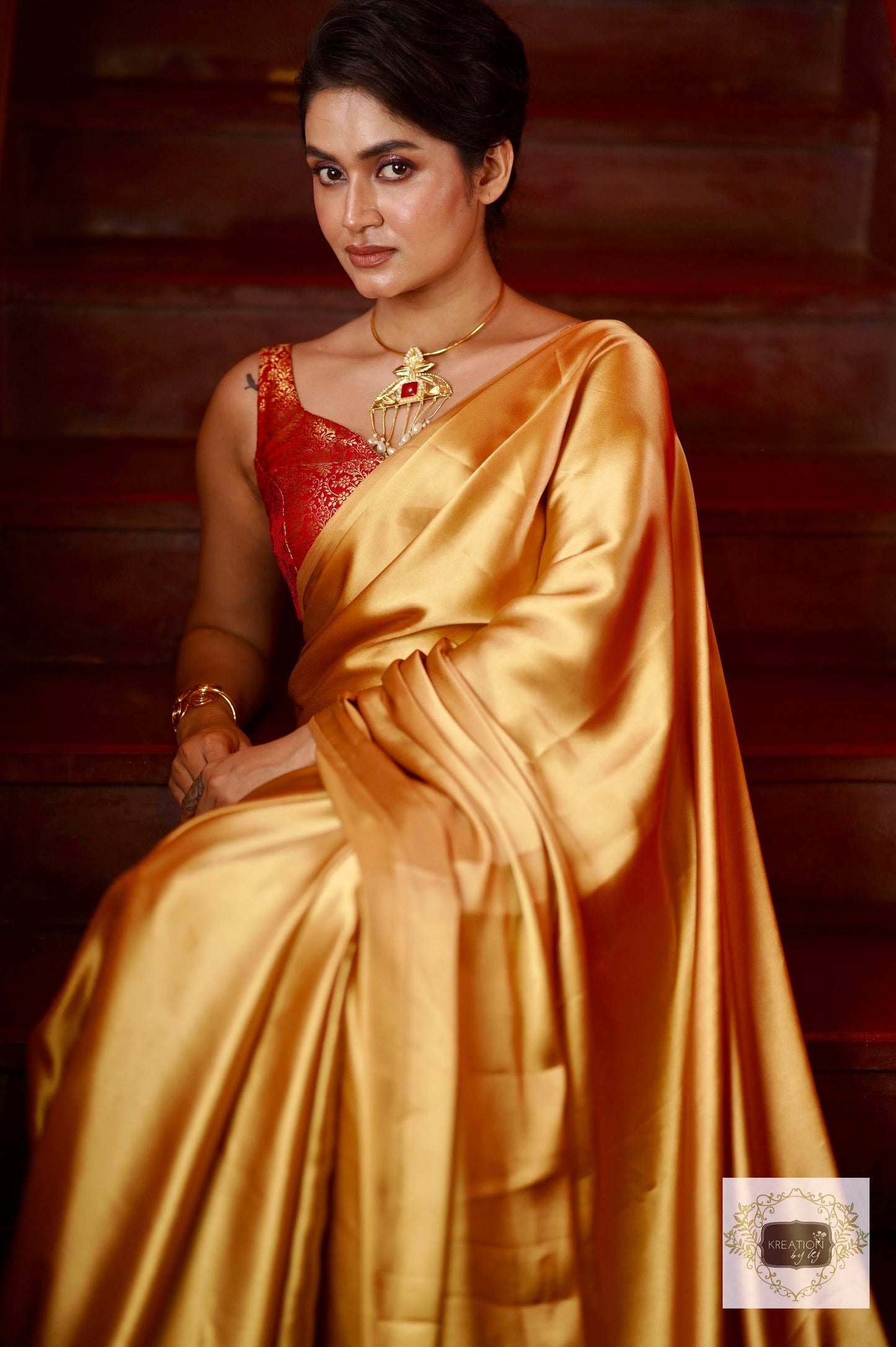 Champagne Gold Satin Saree kreationbykj