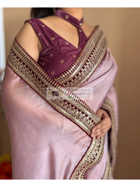 Mauve Pink Net Saree With Wine Border Kreation by KJ