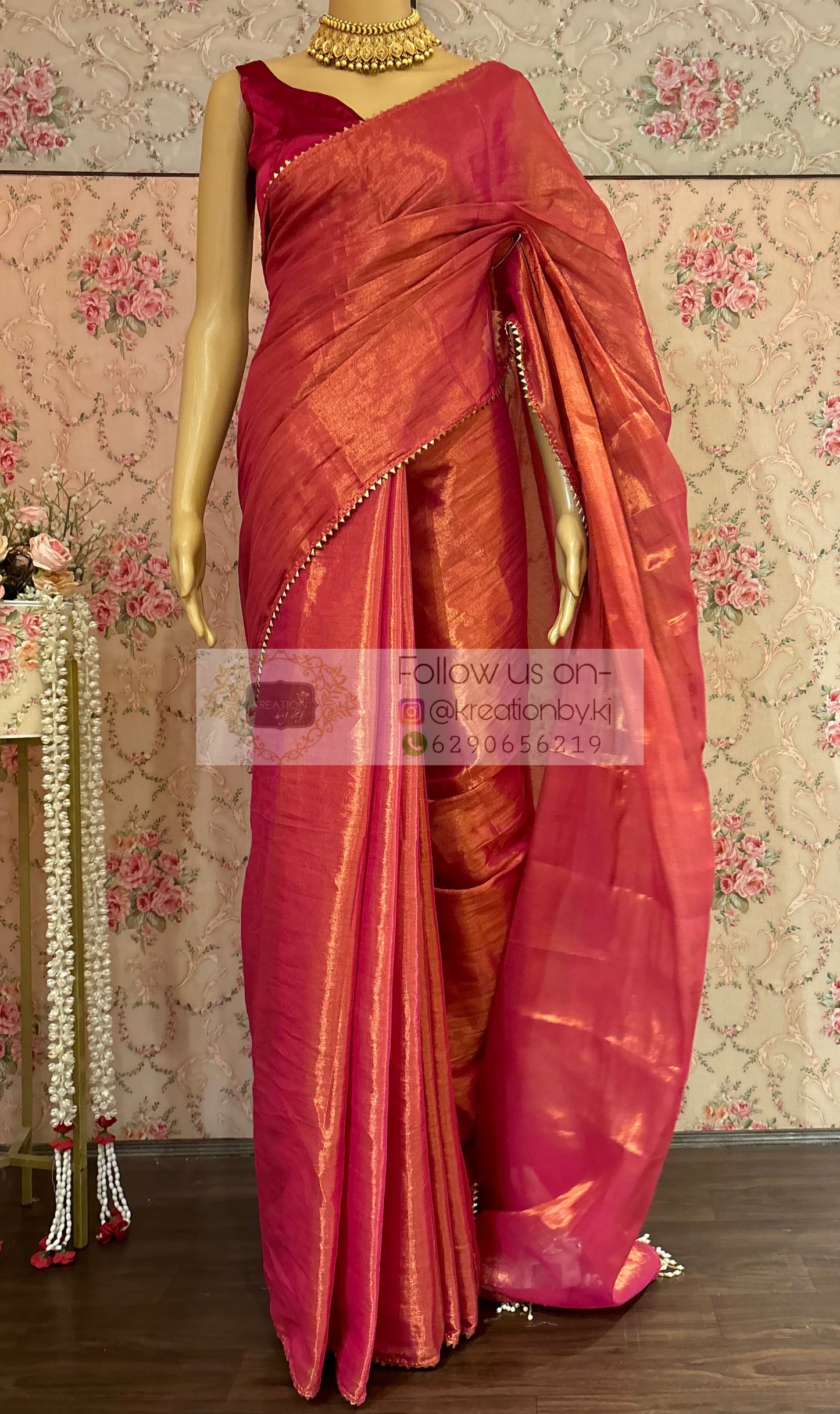 Coral Pink Cotton Tissue saree kreationbykj