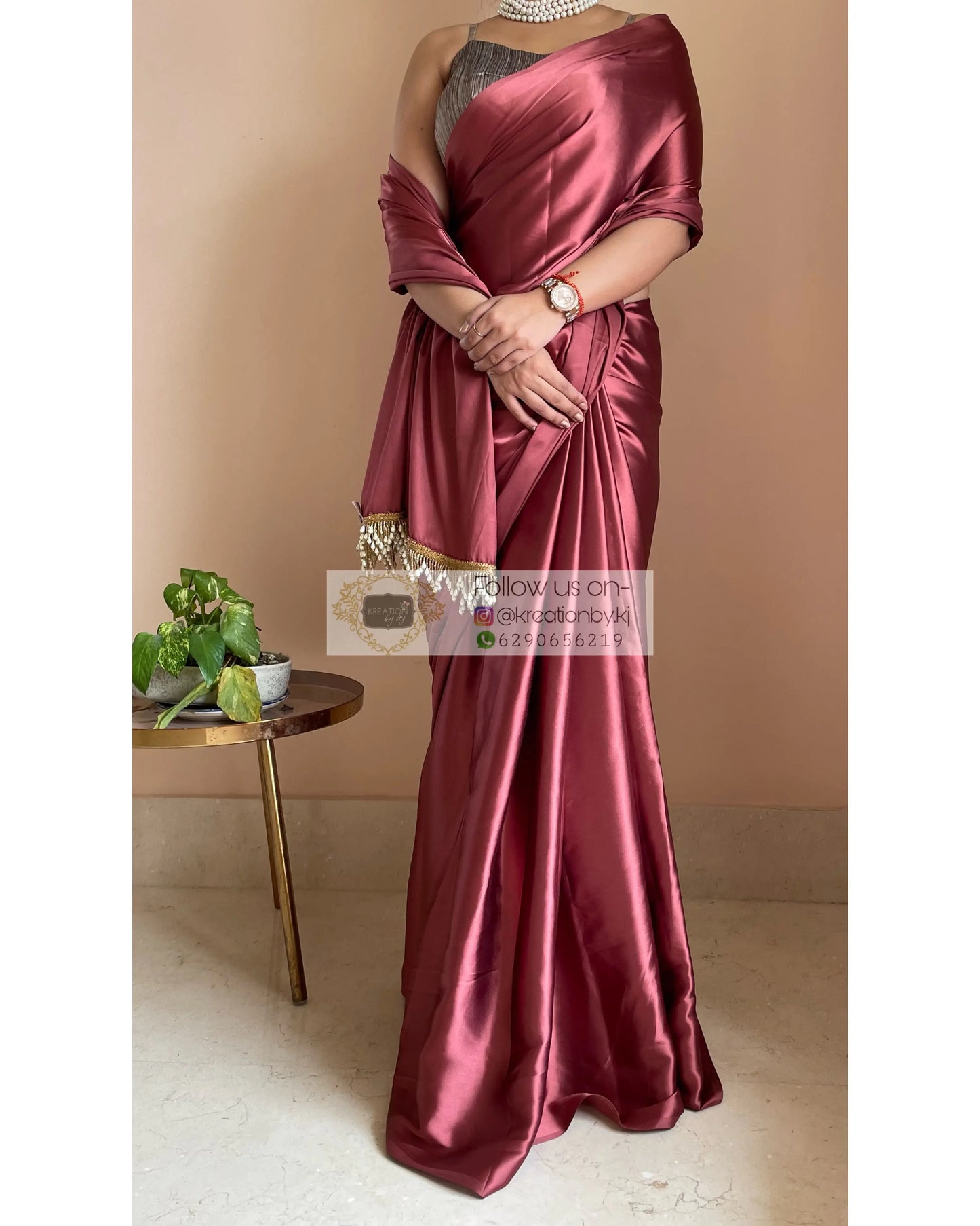 Tea Rose Satin Silk Saree with Handmade Tassels on Pallu kreationbykj