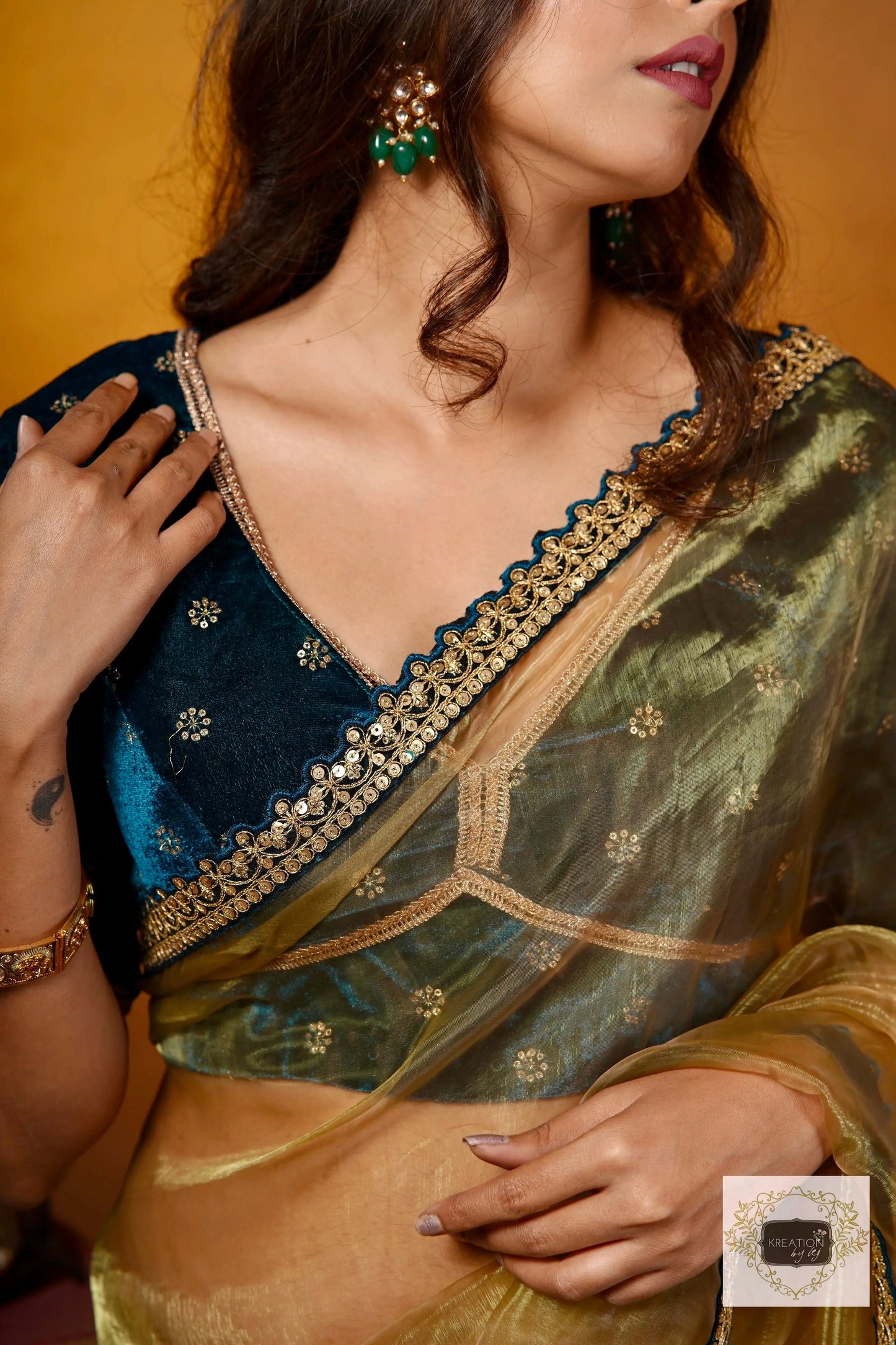 Pista Green Glass Tissue Saree with Teal Border kreationbykj