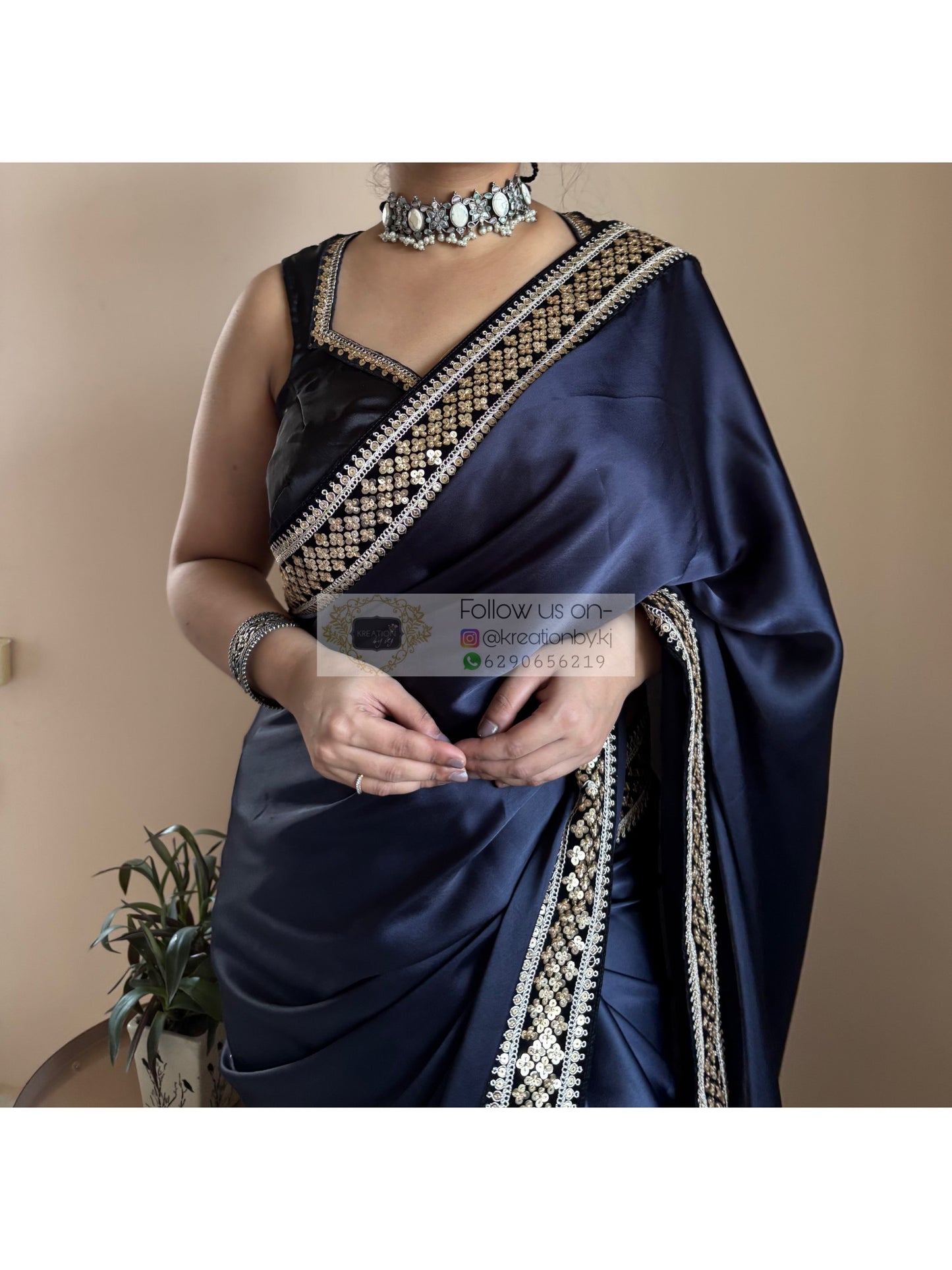 Dark Navy Blue Satin Silk Saree with Black Border kreationbykj