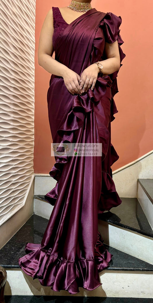 Dark Eggplant Wine Satin Silk Ruffle Saree kreationbykj
