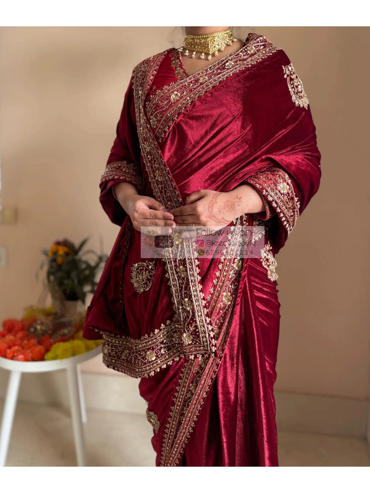 Naaz Burgundy Velvet Saree Kreation by KJ