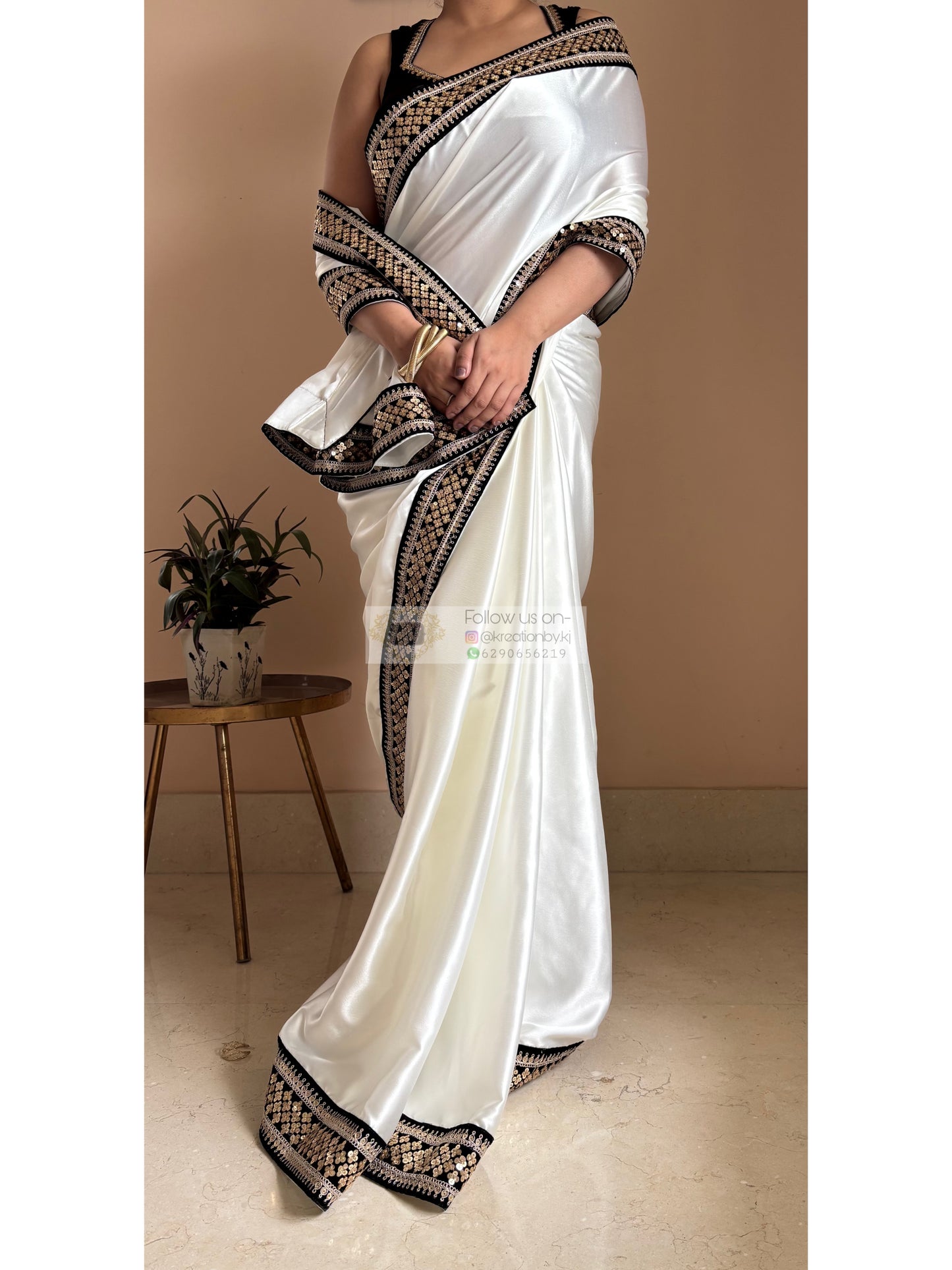 Cream Satin Silk Saree with Black Border Party Wear - kreationbykj