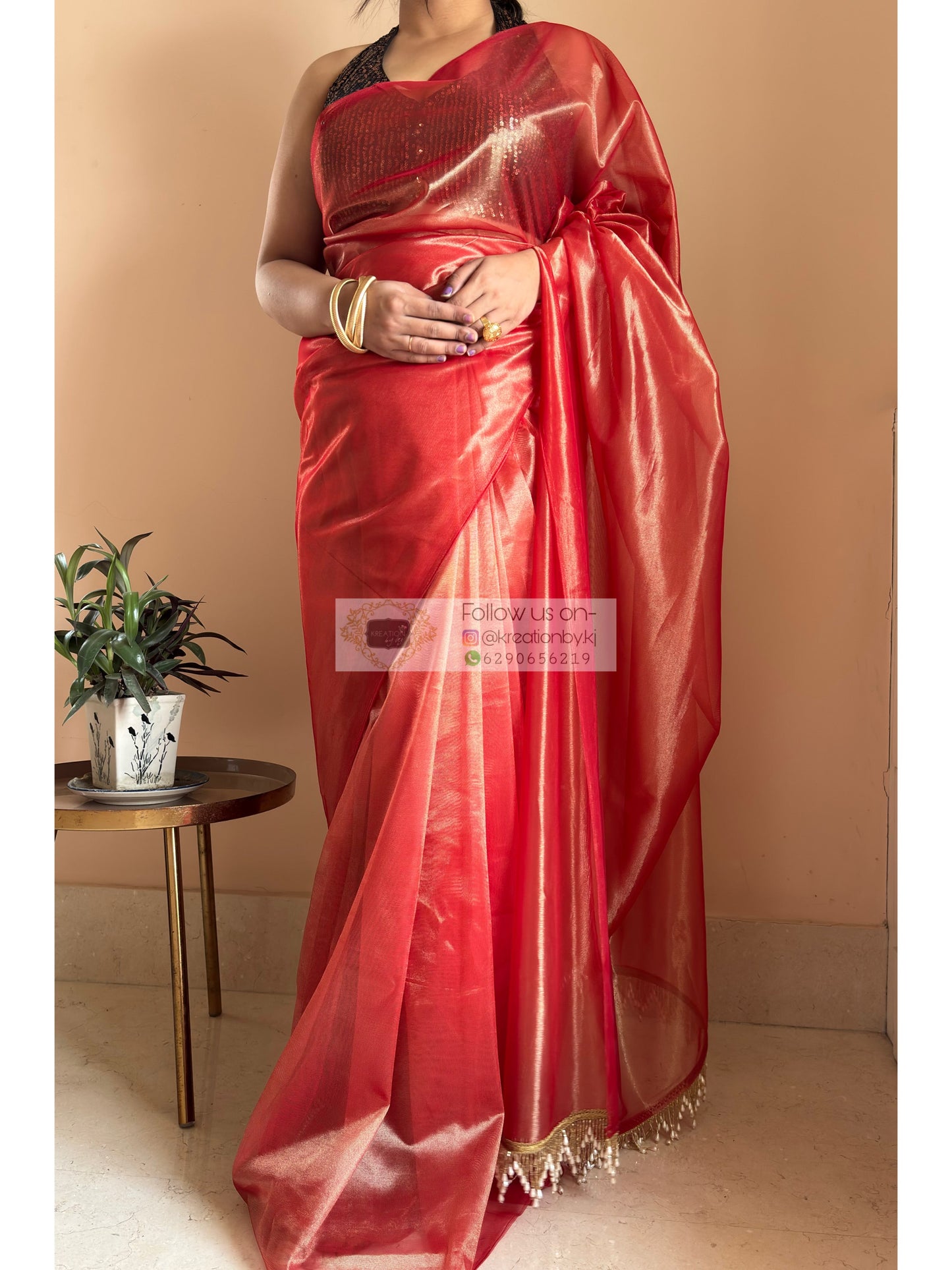 Sunset Orange Tissue Net Saree kreationbykj