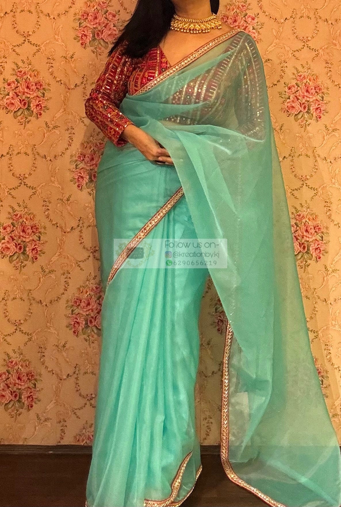Aqua Blue Organza Saree With Red Cutdana Border kreationbykj