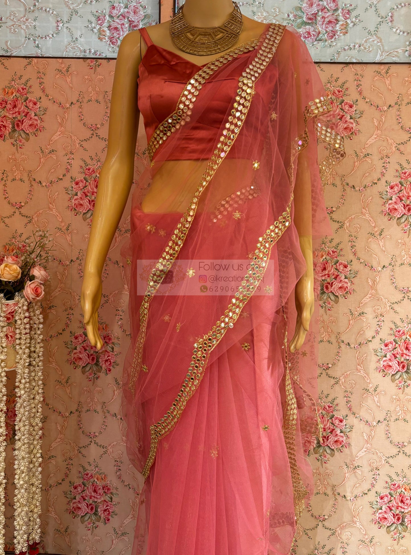 Pastel Pink Net Saree With Mirror Border kreationbykj