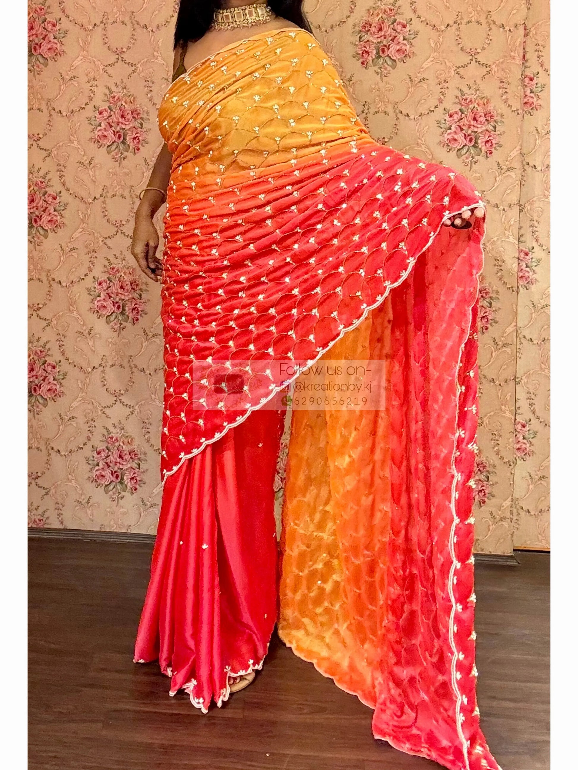 Gulab Khas Ombre Mehraab Jaal Cutdana Saree kreationbykj