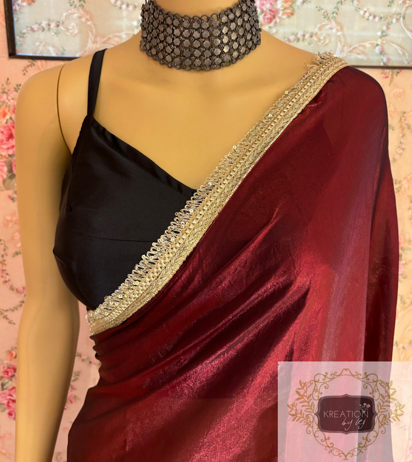 Cheery Wine Metallic Shimmer satin Banno Saree kreationbykj