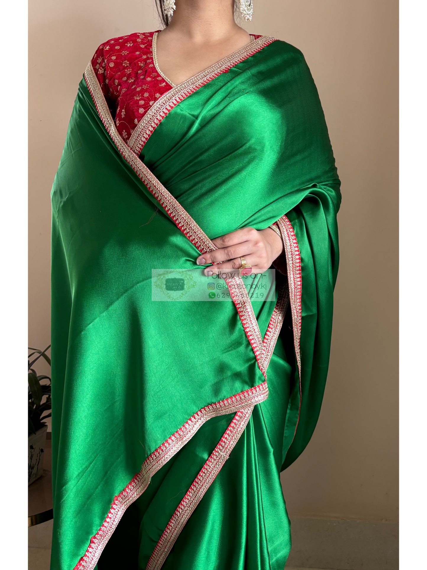 Green Satin Silk Saree with Red Border - kreationbykj