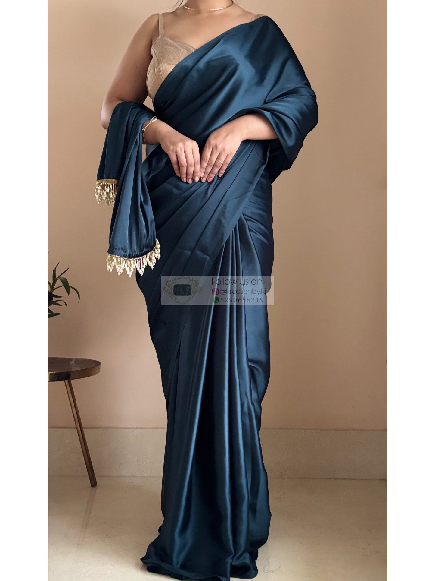 Midnight Blue Satin Silk Saree With Handmade Tassels On Pallu kreationbykj
