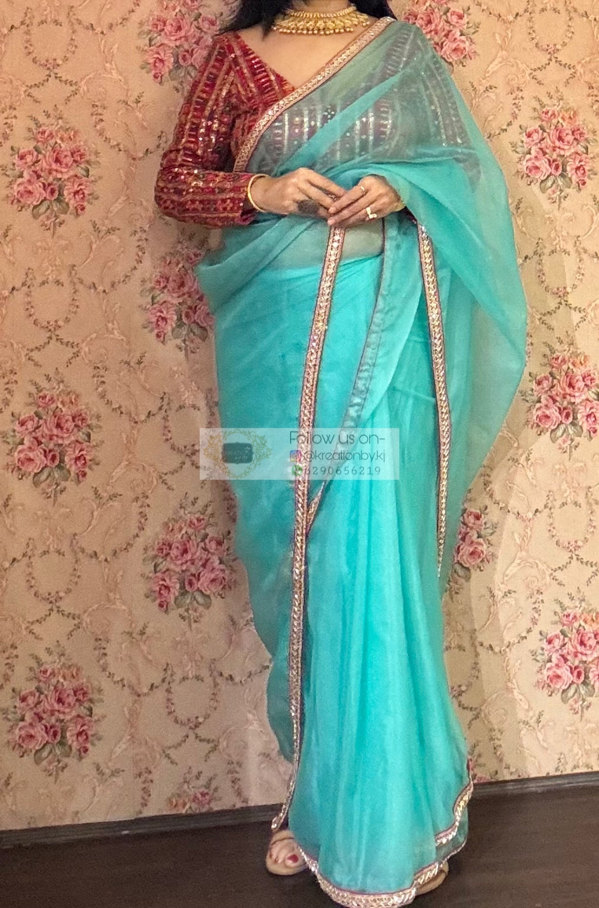 Aqua Blue Organza Saree With Red Cutdana Border kreationbykj