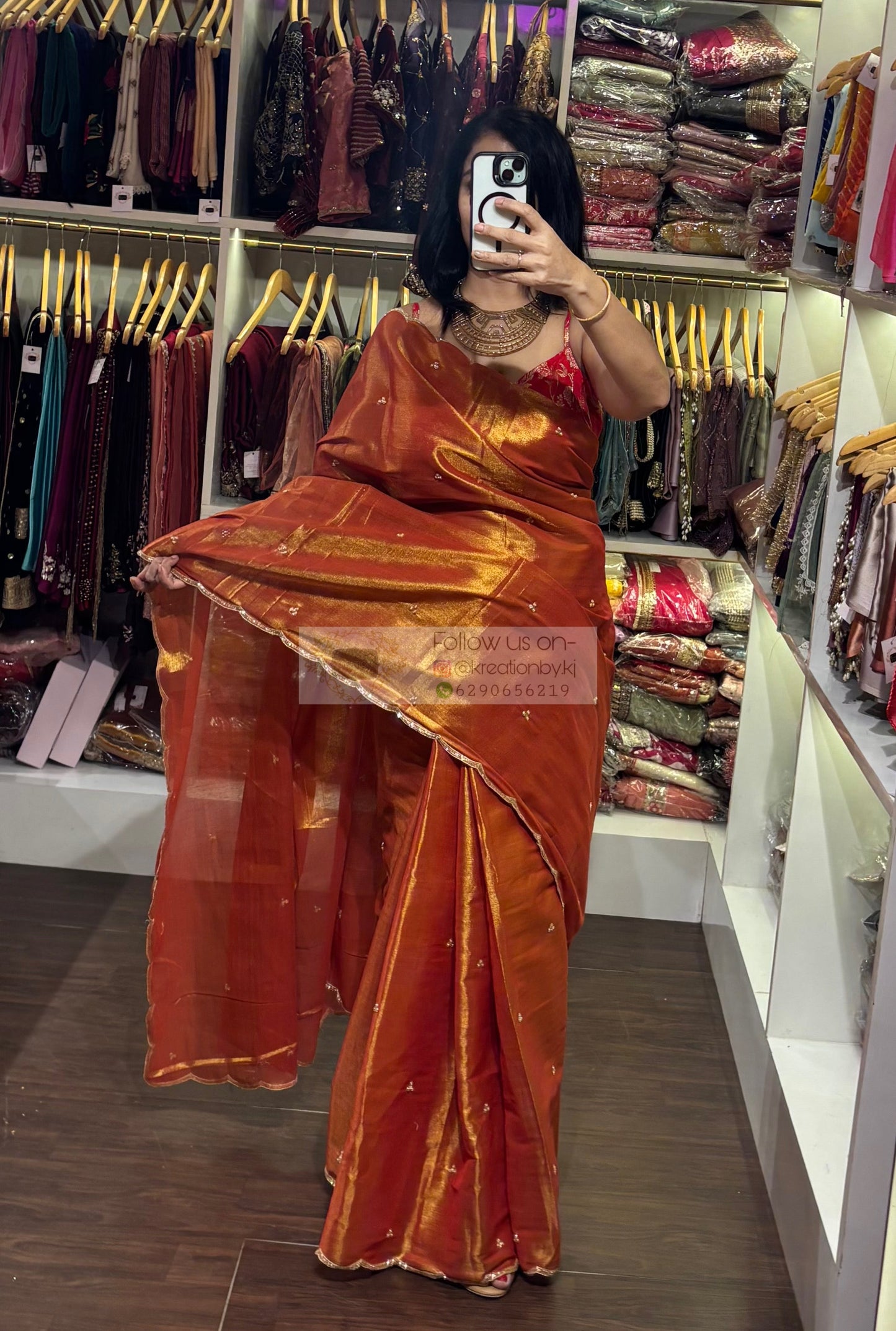 Burnt Orange Tissue Saree with Handembroidered Scalloping kreationbykj