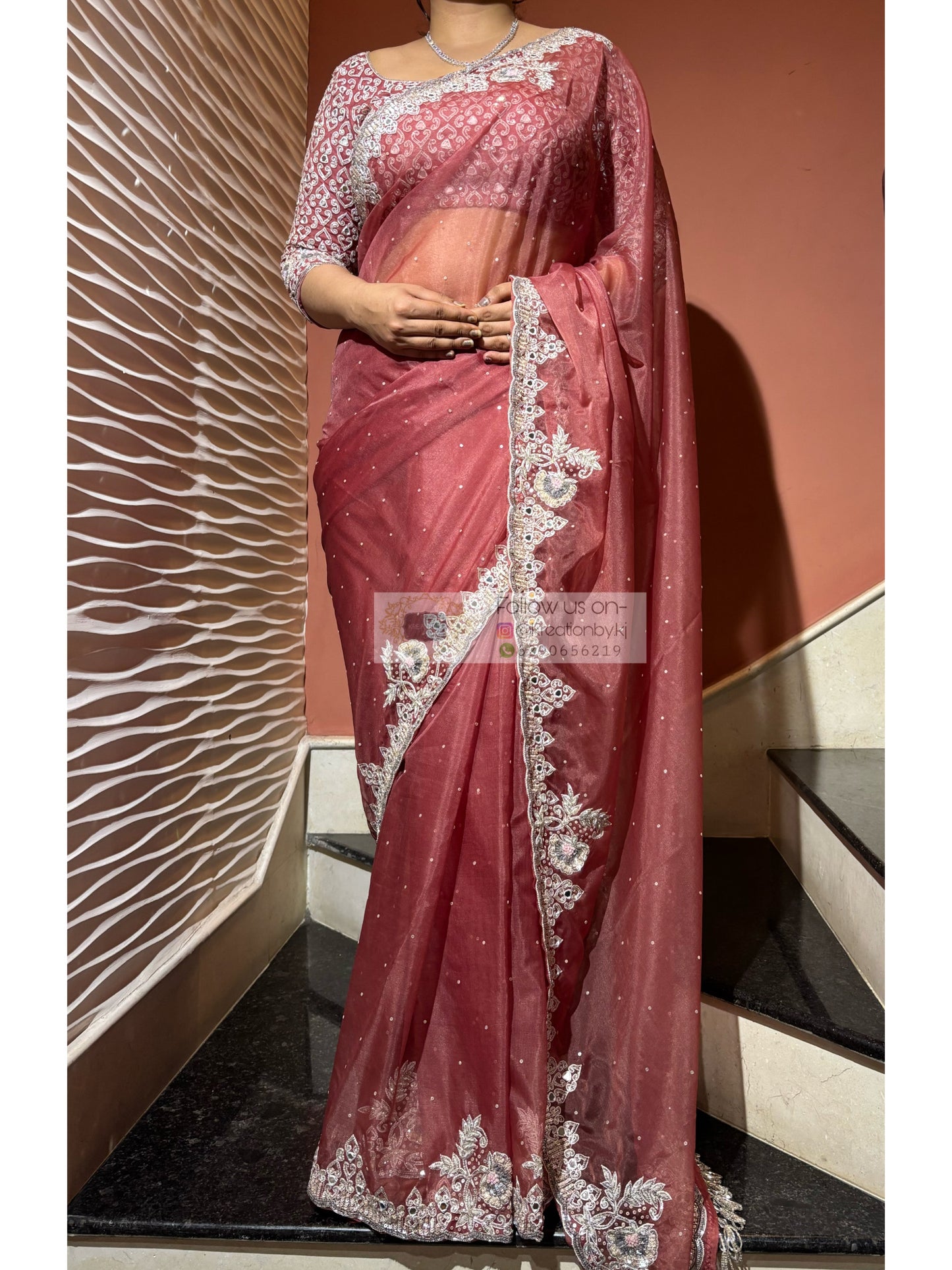 Salmon Pink Hand-Embroidered Saree with Heavy Work Blouse – Designer Wedding & Party Wear kreationbykj