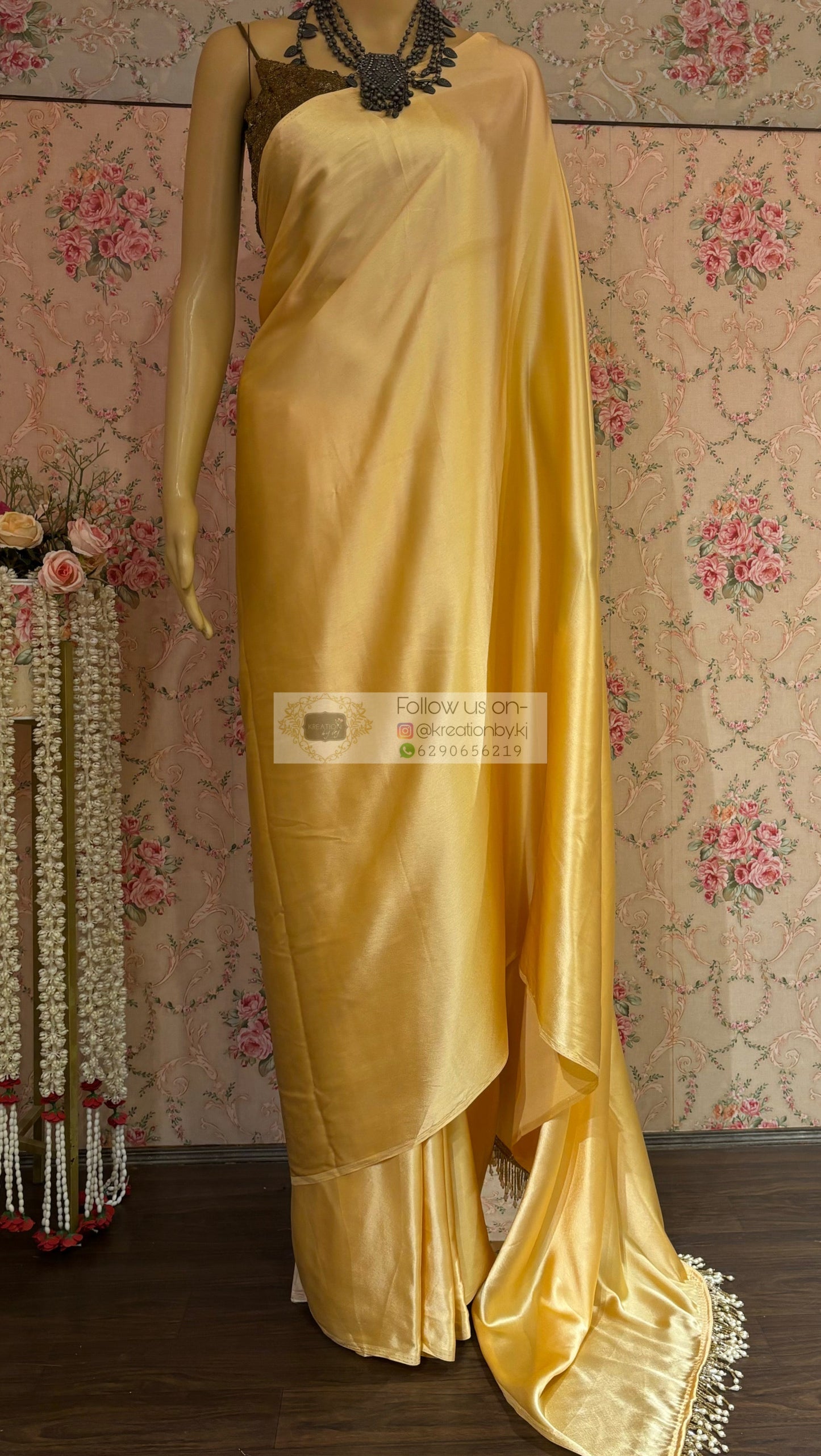 Yellow Cream Satin Silk Saree with Handmade Tassels on Pallu kreationbykj