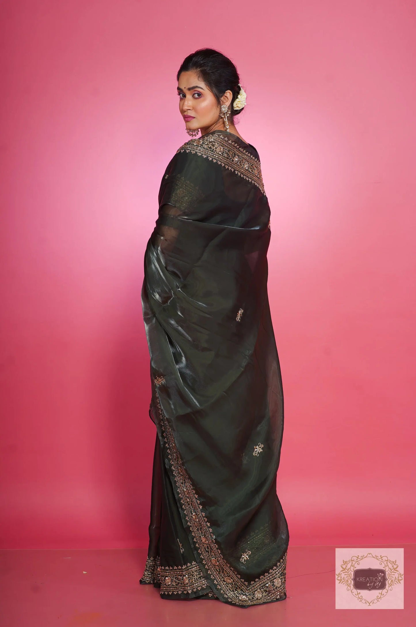 Dark Green Zarina Glassy Organza Saree kreationbykj
