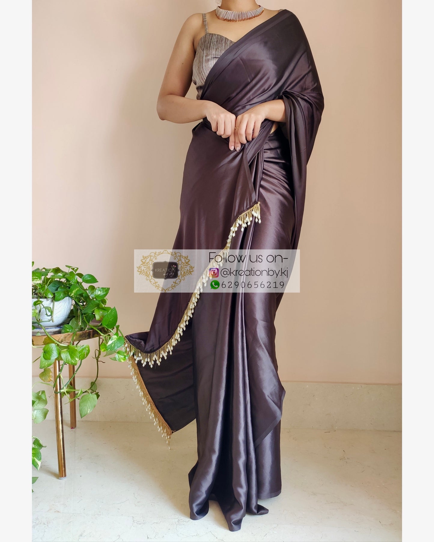 Chocolate Brown Satin Silk Saree With Handmade Tassels On Pallu