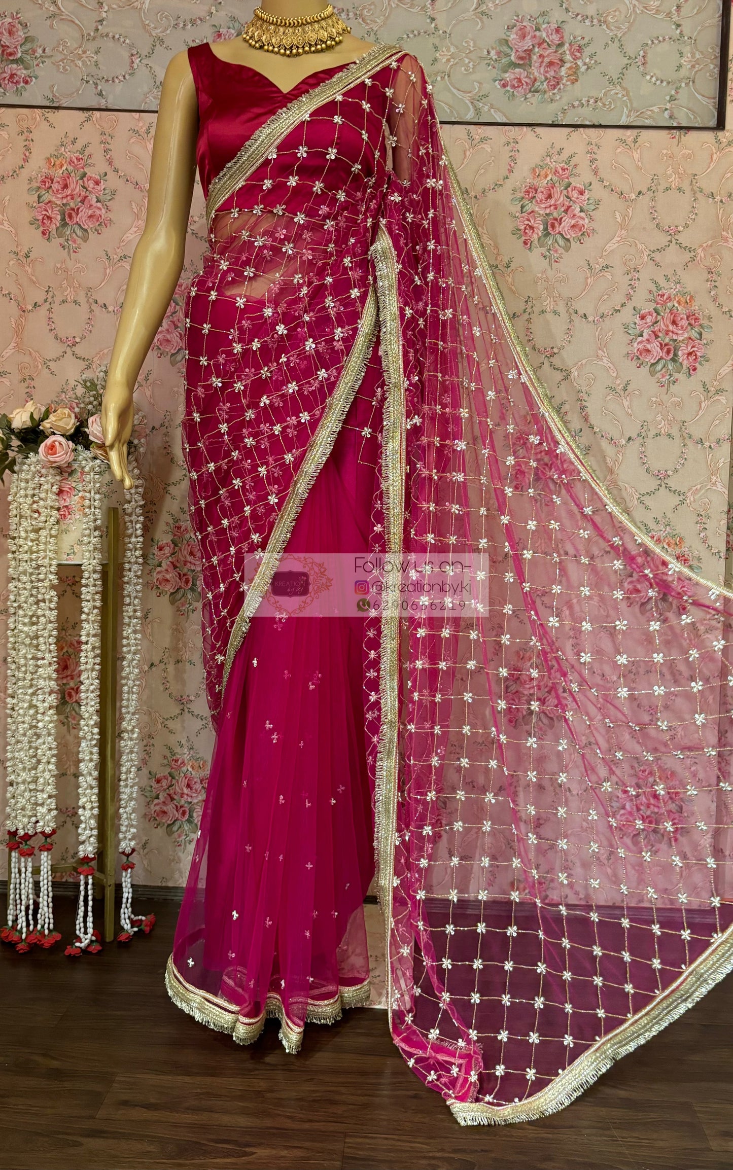 Hot Pink Cutdana Jaal Net Saree kreationbykj