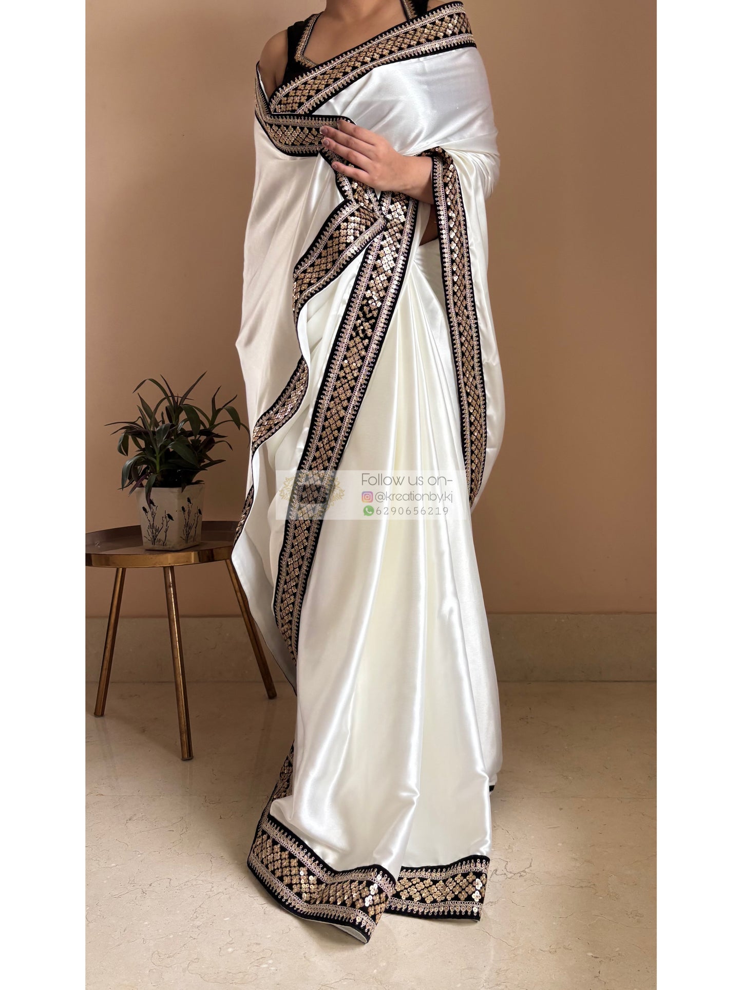 Cream Satin Silk Saree with Black Border Party Wear - kreationbykj