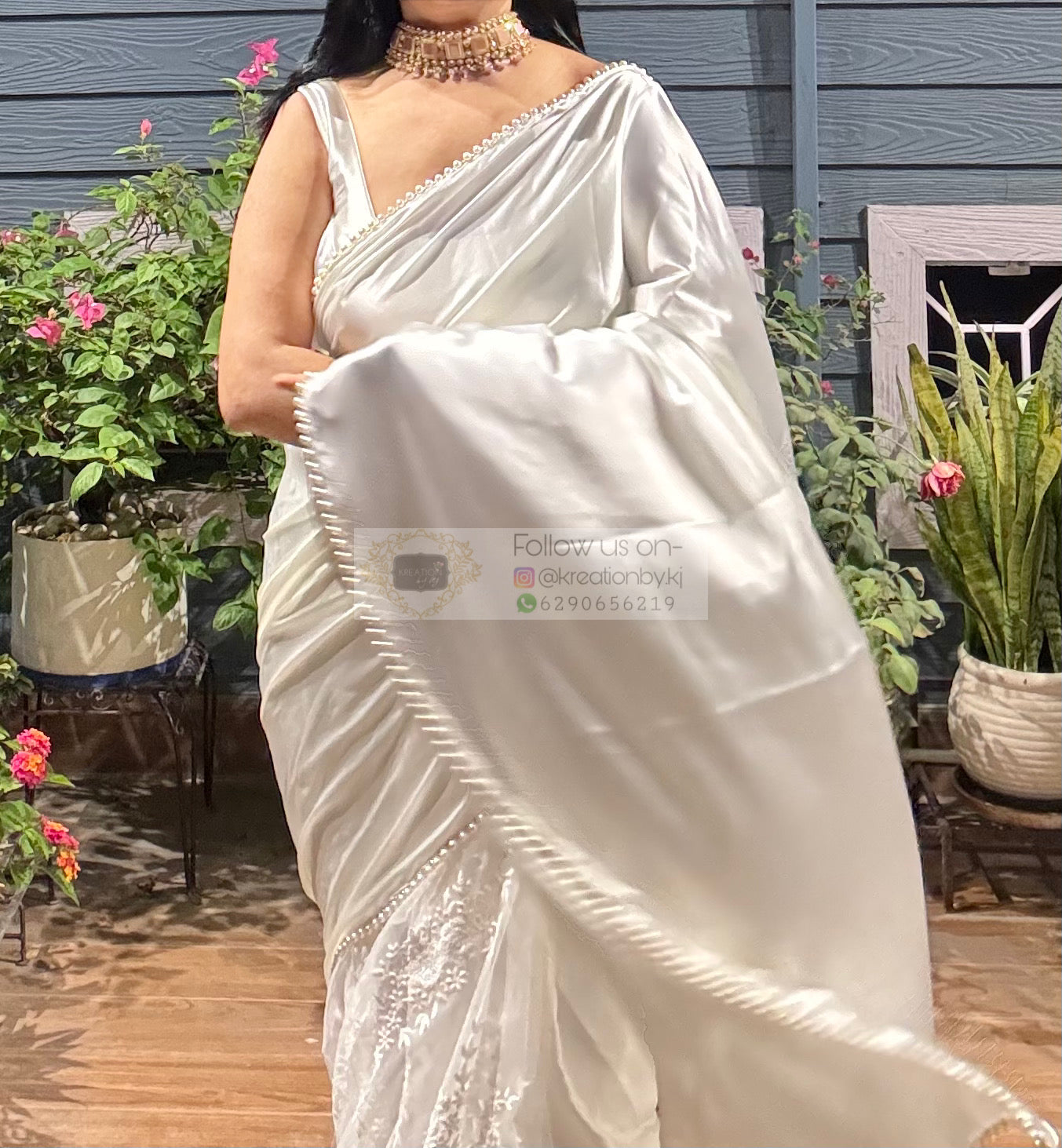 Cream Cheery Blossom Saree kreationbykj