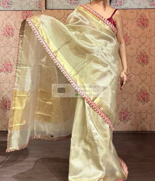 Beige Golden Banarasi Tissue Silk Saree With Designer Border kreationbykj