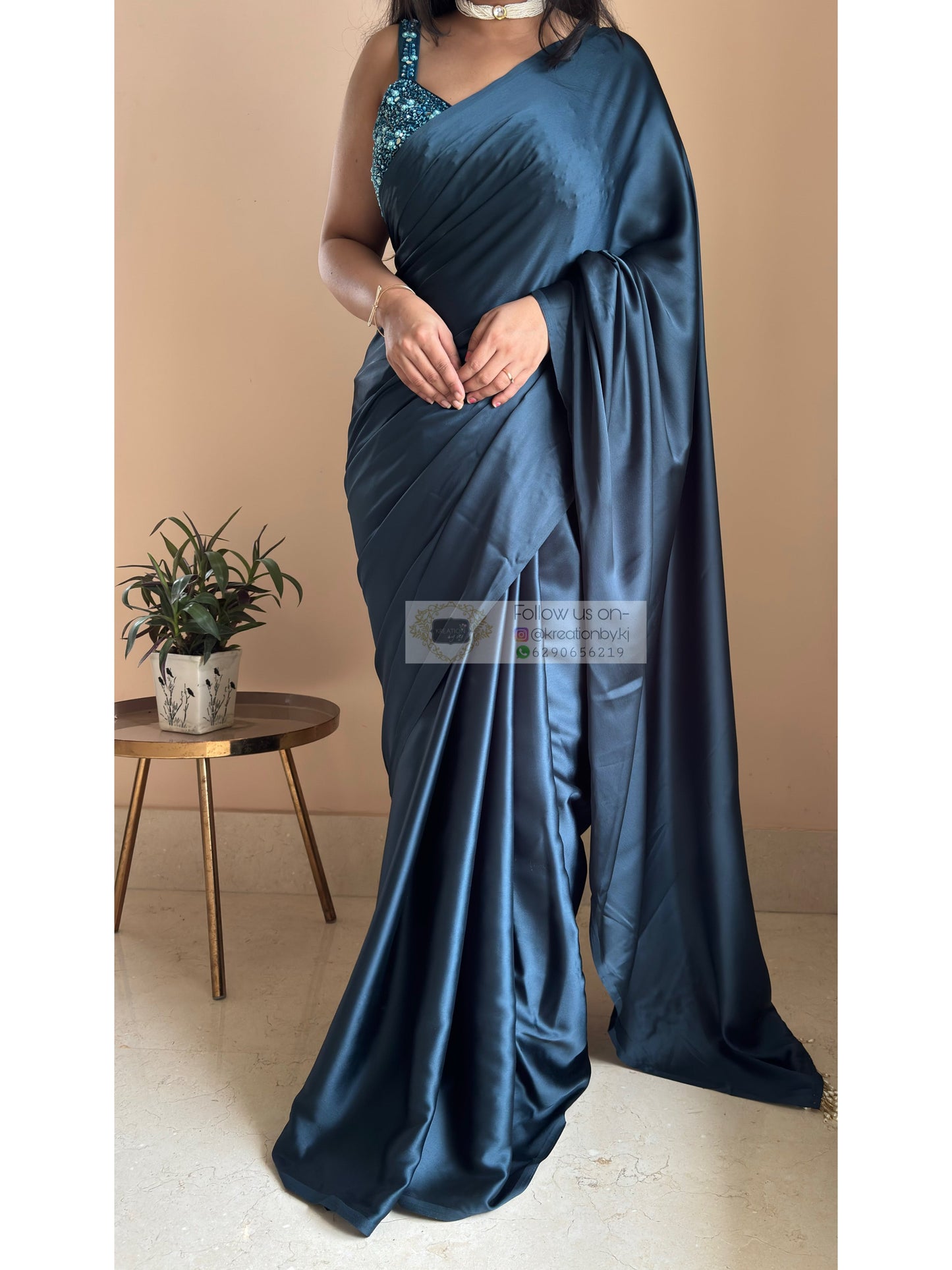 Midnight Blue Satin Silk Saree With Handmade Tassels On Pallu kreationbykj