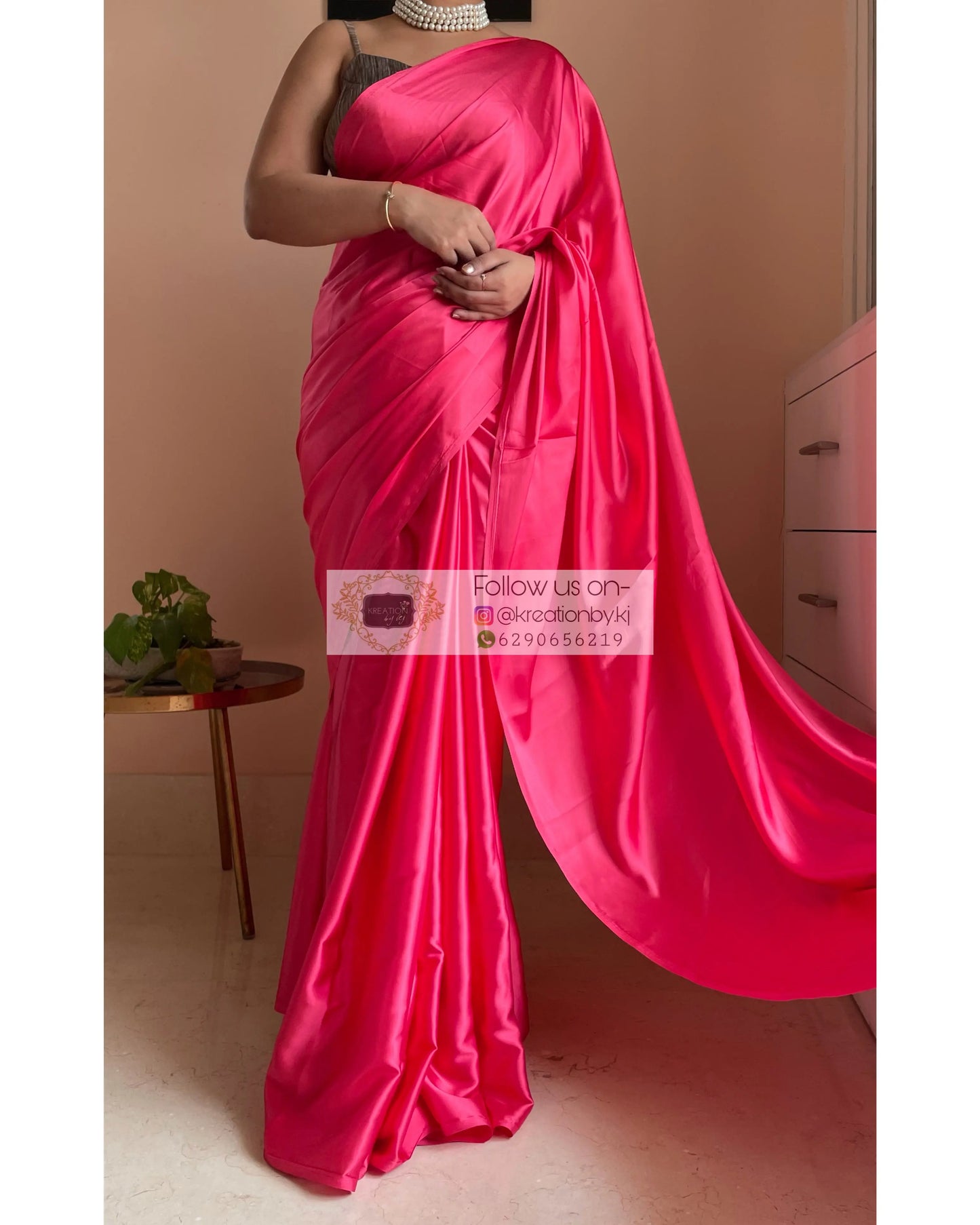 Flamingo Pink Satin Silk Saree with Handmade Tassels on Pallu kreationbykj