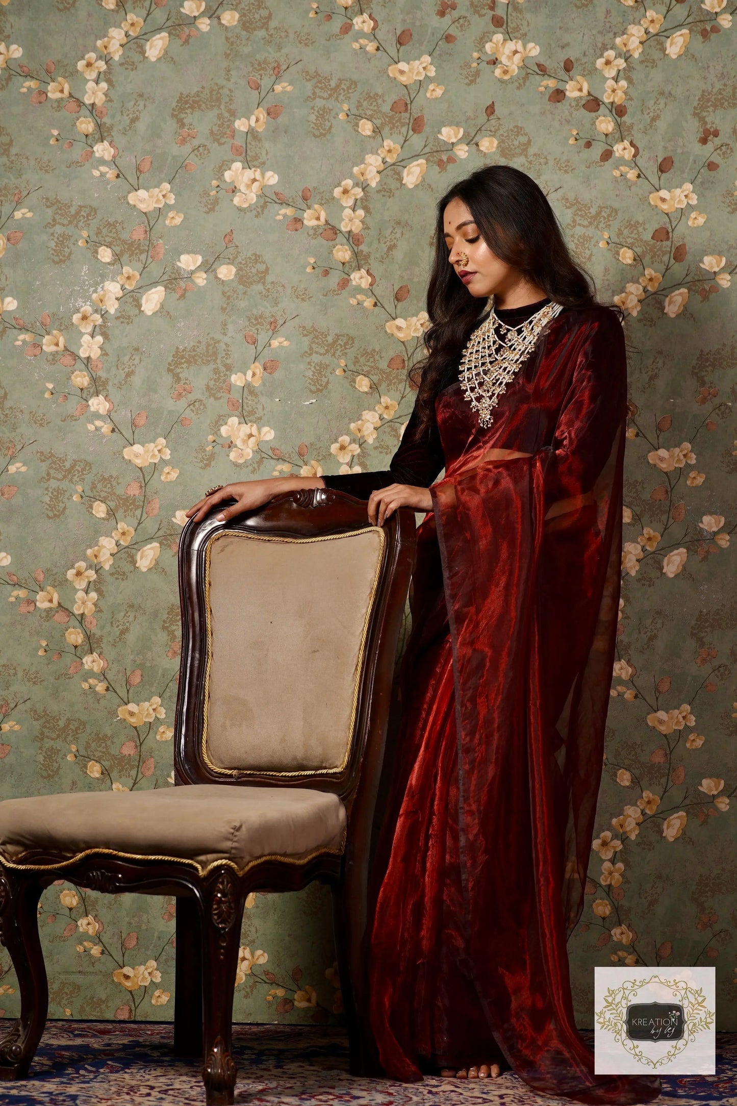 Maroon Glass Tissue Saree kreationbykj.in