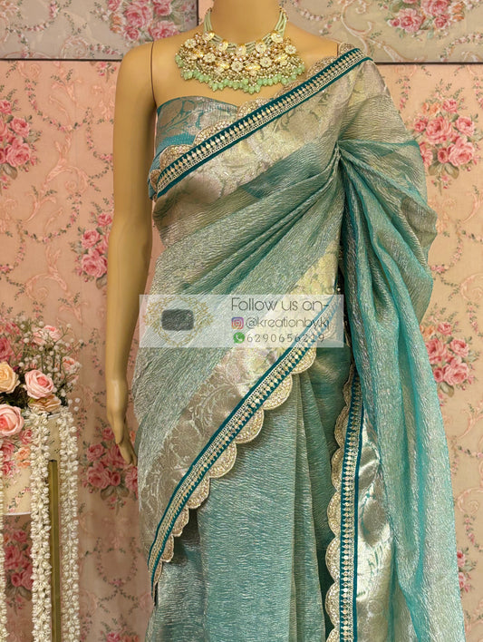 Sea Green Crushed Tissue Banarasi Saree kreationbykj