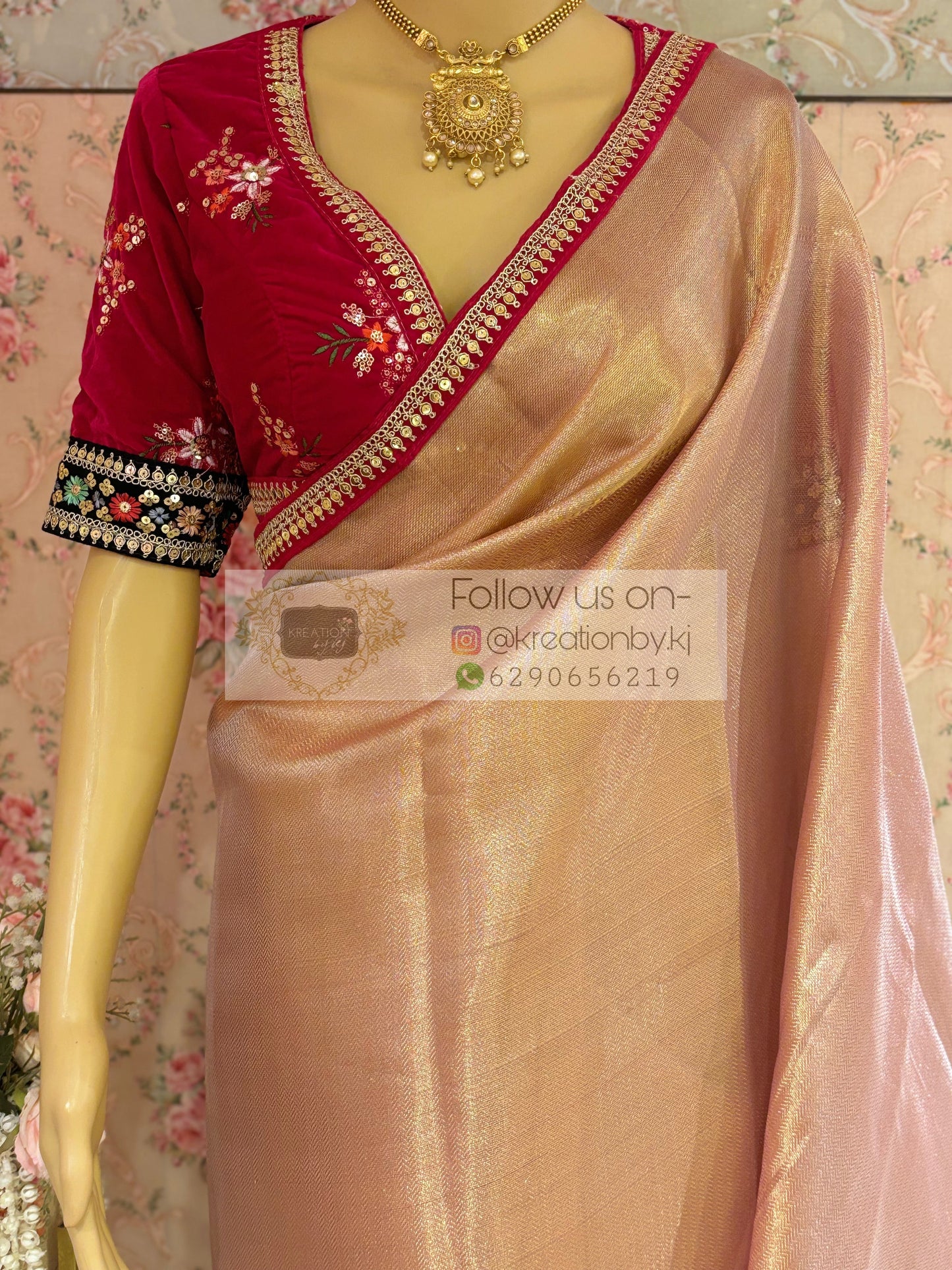 Dusty Pink Tissue Banarasi Saree with Designer Velvet Blouse kreationbykj
