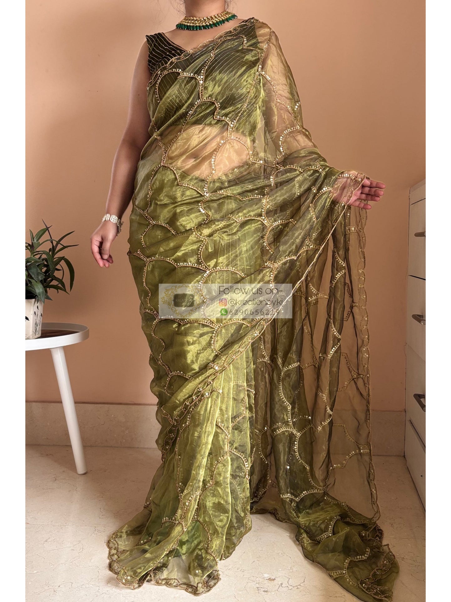 Military Green Chaudhvin ka Chand Saree for Wedding Kreation by KJ