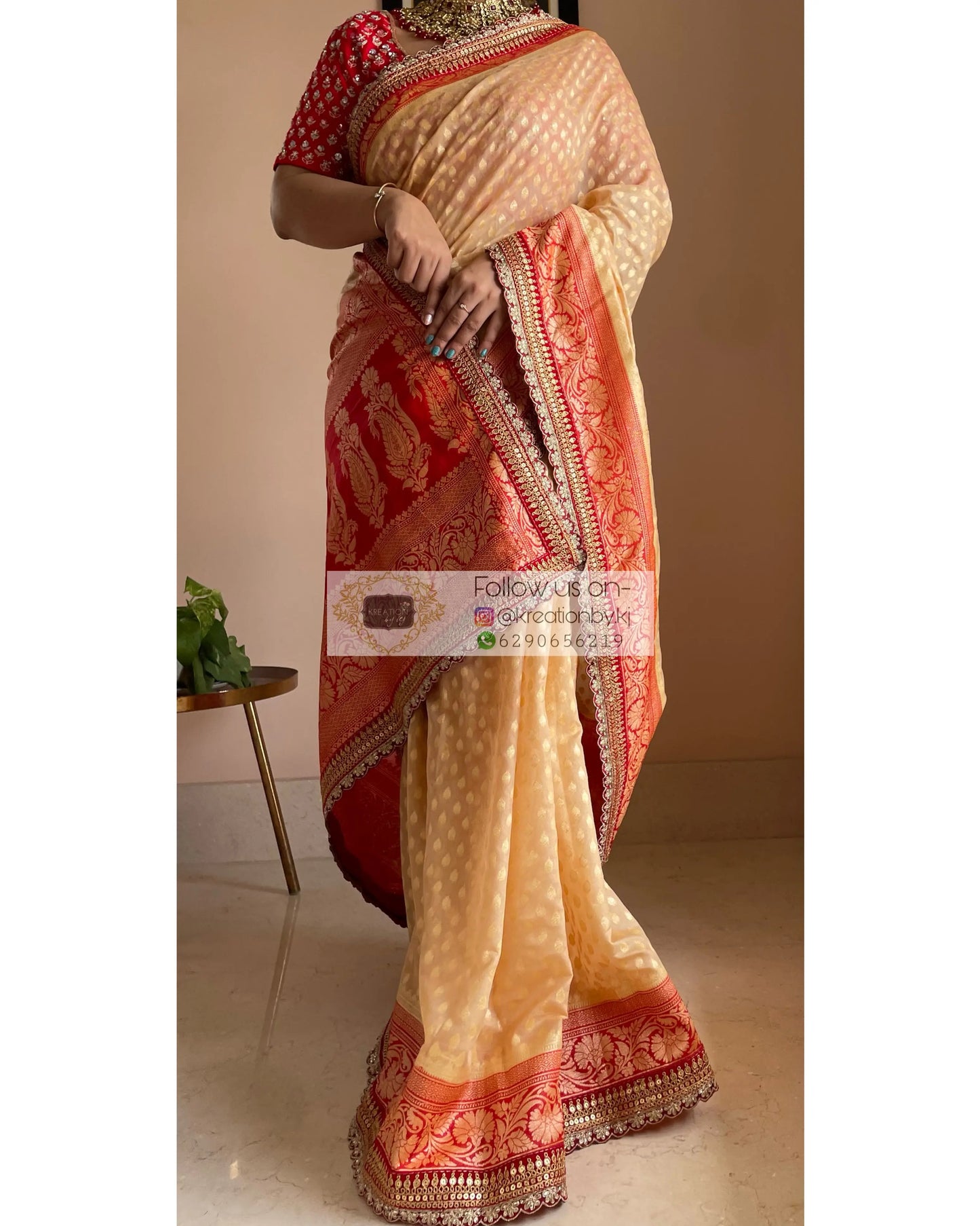 Beige Banarasi Georgette Saree with Red Border for Puja kreationbykj