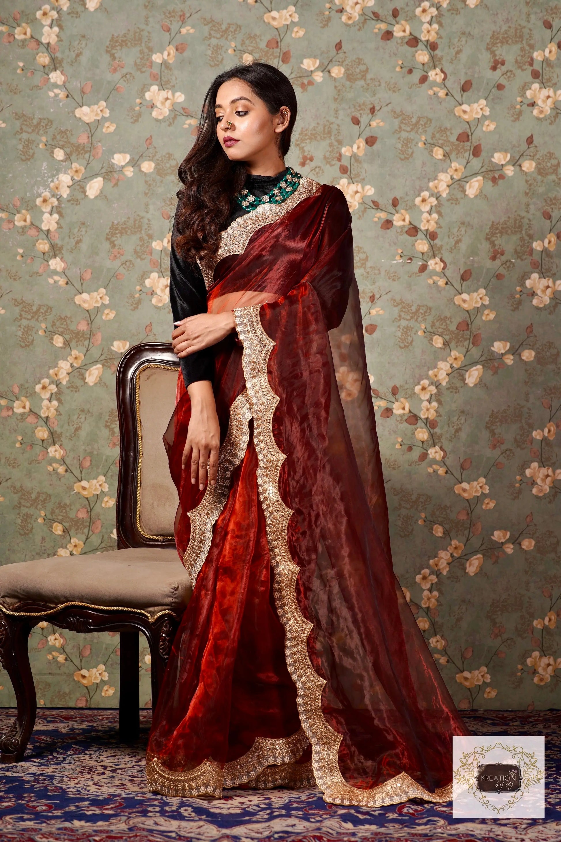 Maroon Glass Tissue with Golden  Border Saree kreationbykj