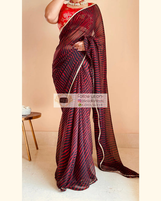 Black and Maroon Georgette Leheriya Saree kreationbykj