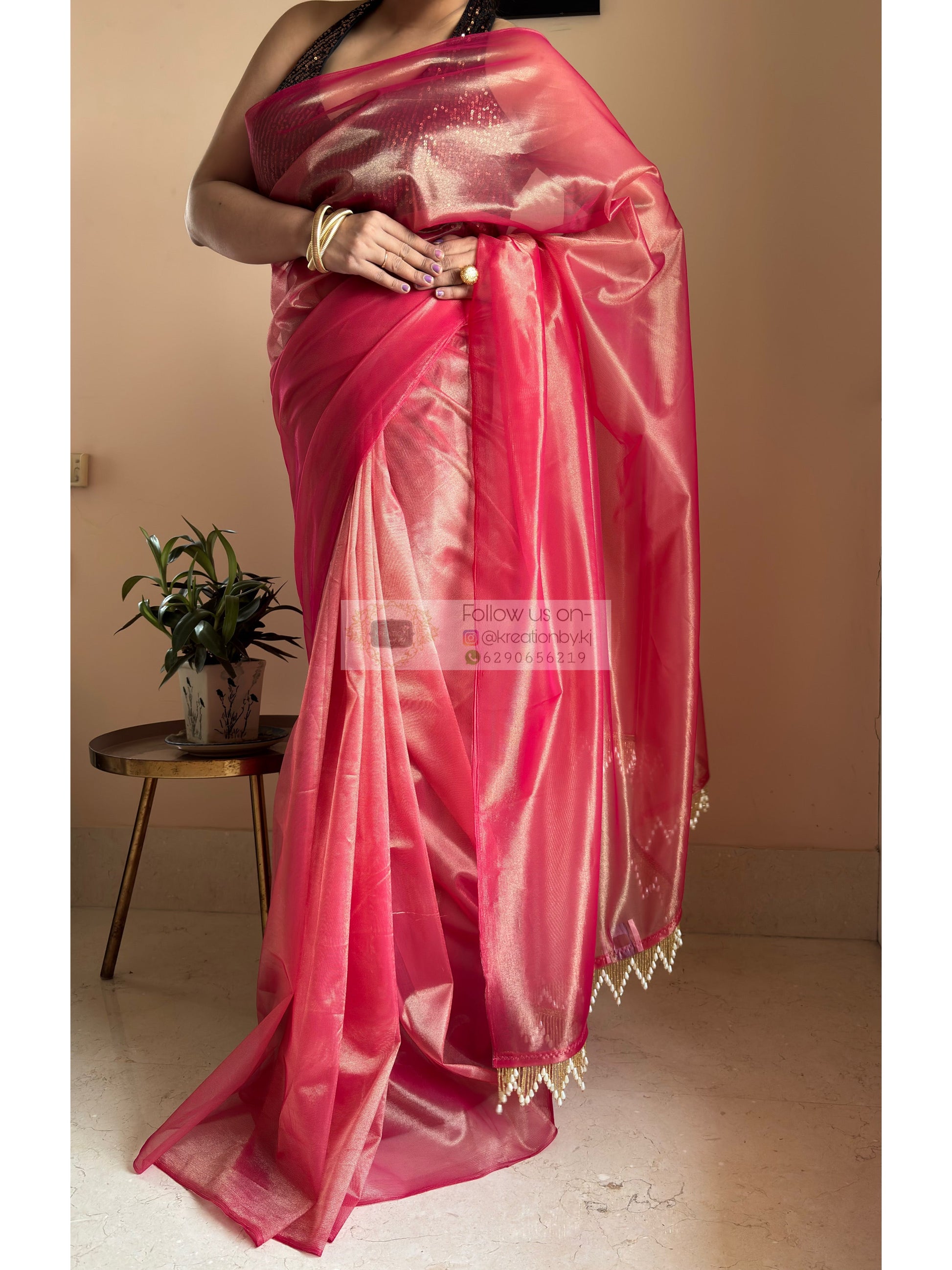 Rose Pink Tissue Net Bridal  Saree kreationbykj