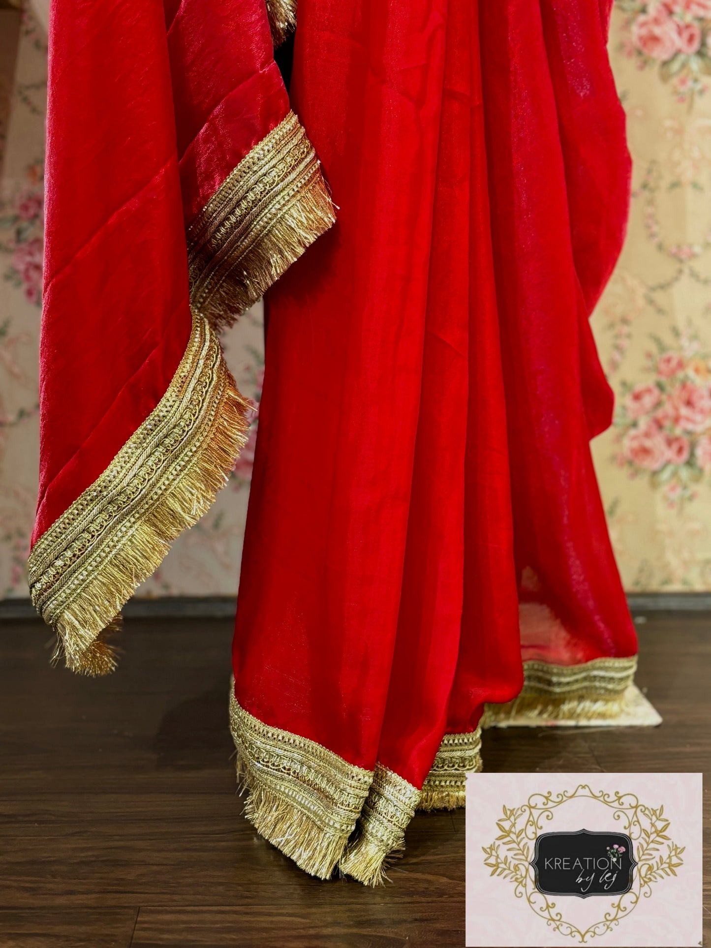Red Metallic Shimmer Satin Banno Saree kreationbykj