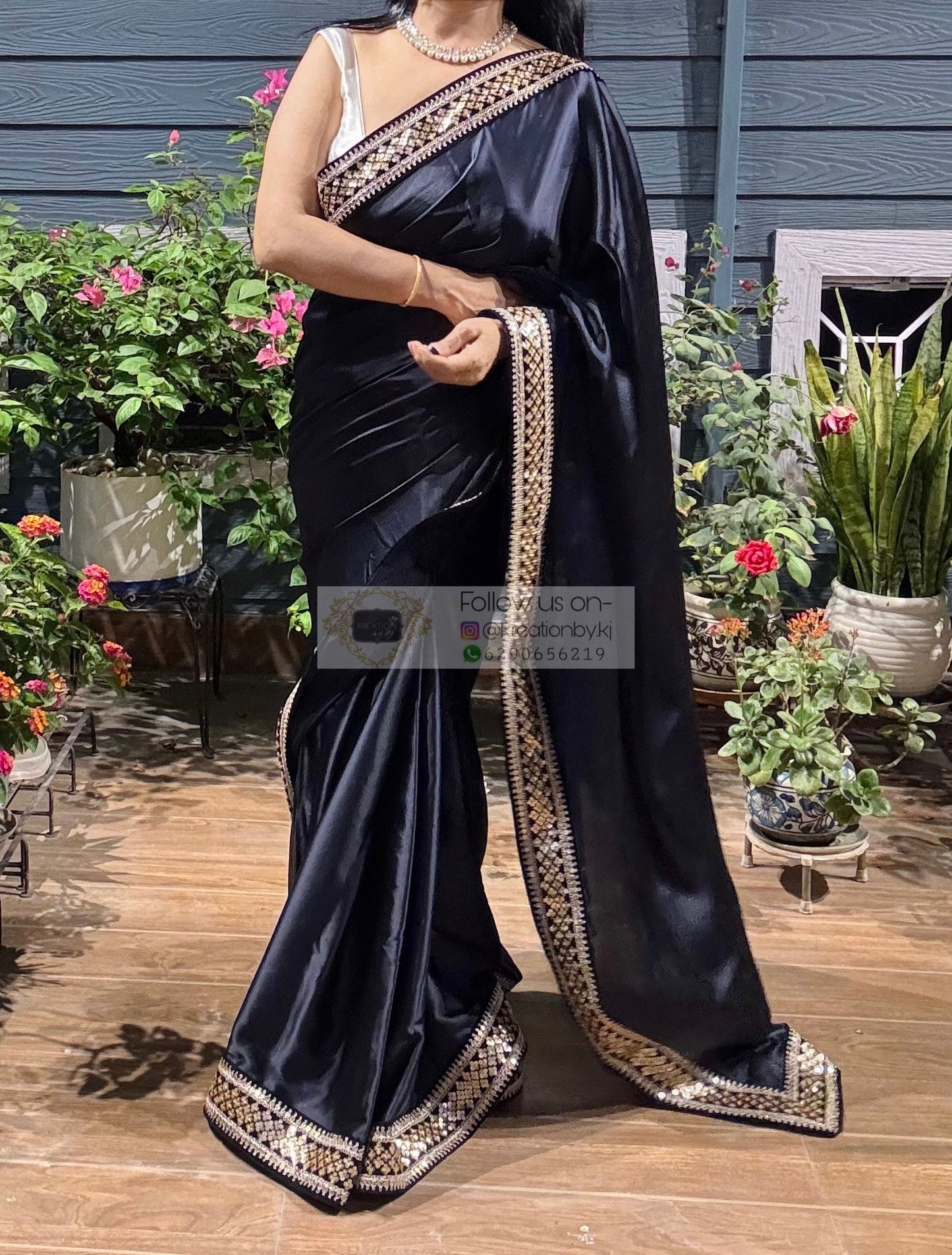 Dark Navy Blue Satin Silk Saree with Black Border kreationbykj