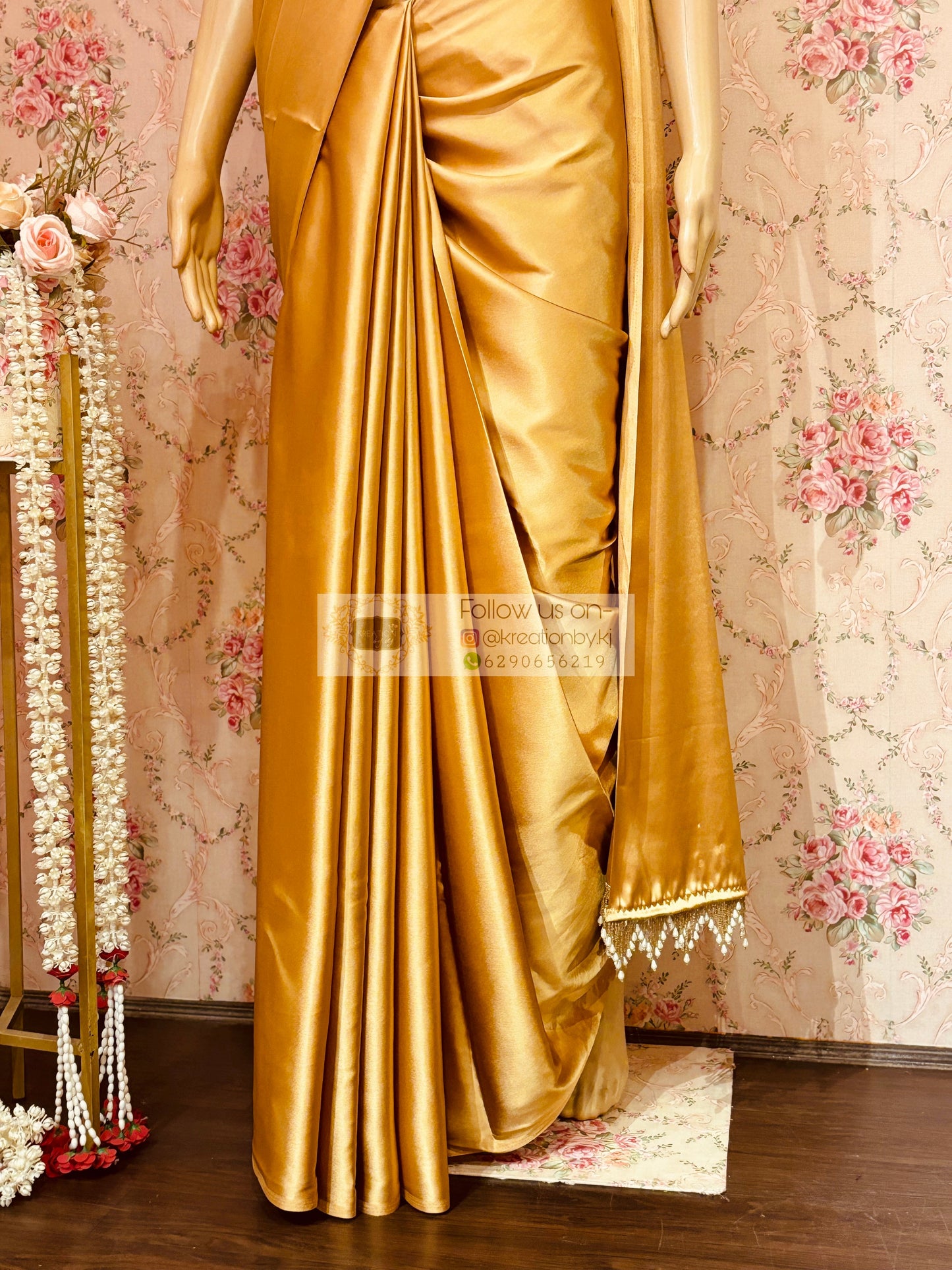 Champagne Gold Satin Saree kreationbykj