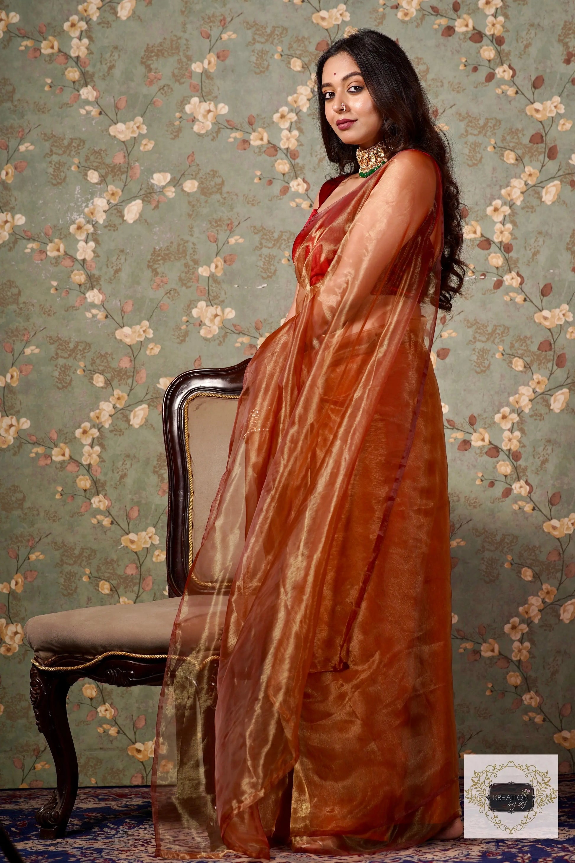 Golden Auburn Glass Tissue Saree kreationbykj