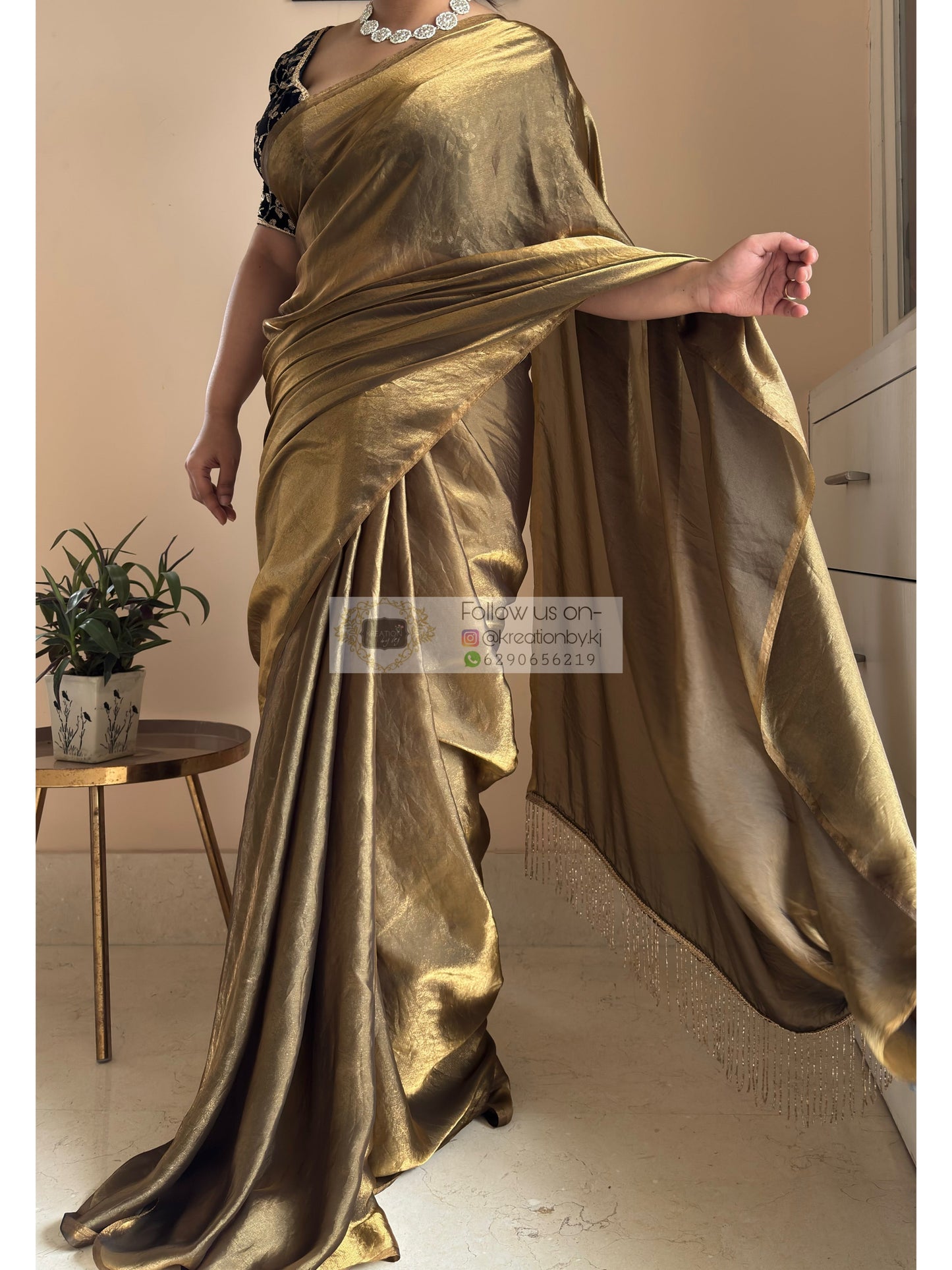 Molten Golden Shimmer Satin Saree With Handmade Tassels on Pallu kreationbykj