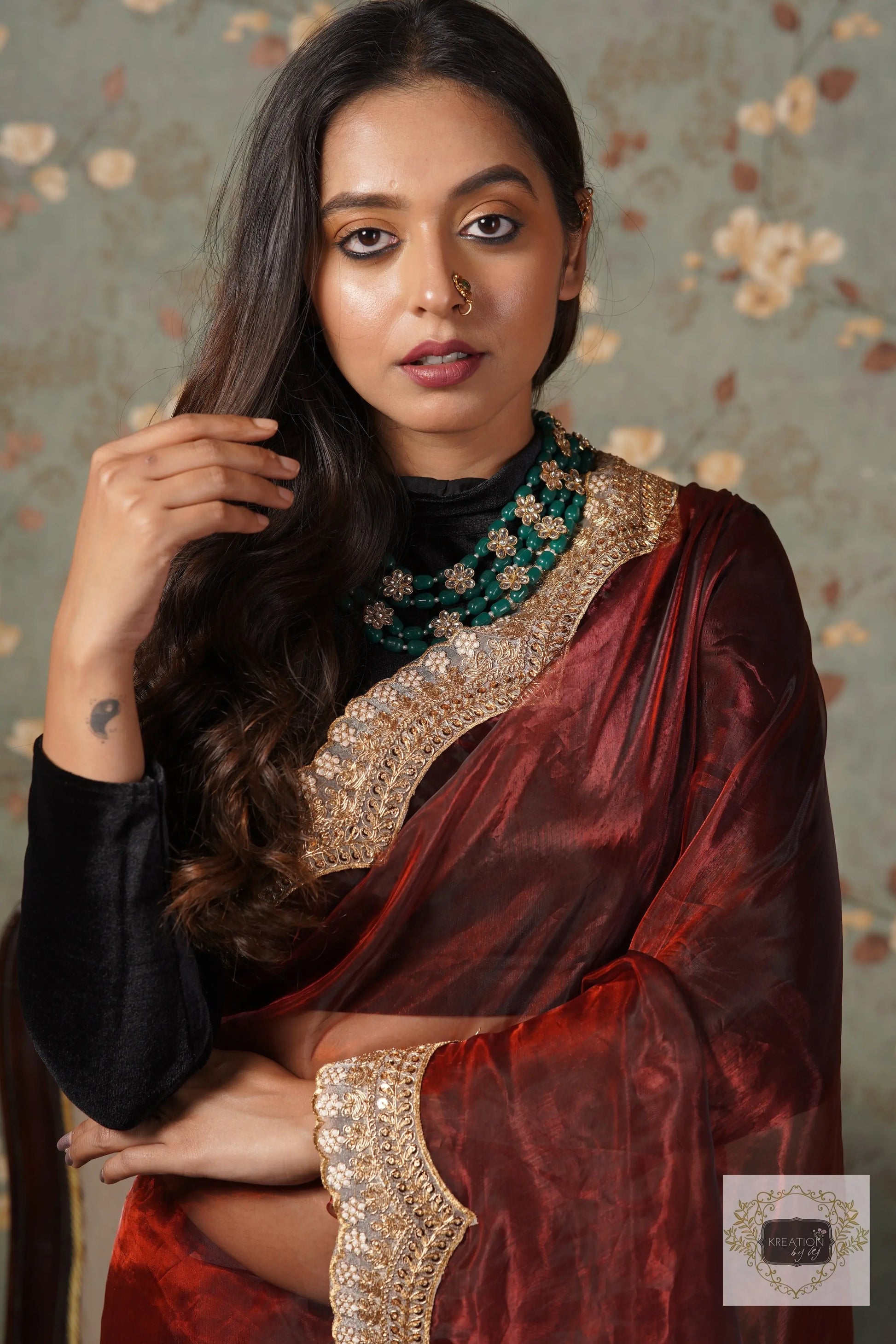 Maroon Glass Tissue with Golden  Border Saree kreationbykj
