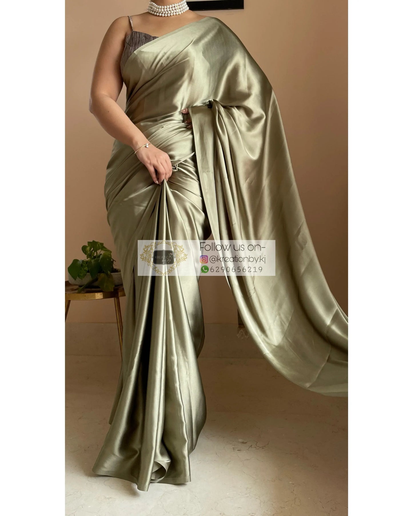 Ash Green Satin Silk Saree with Handmade Tassels on Pallu kreationbykj