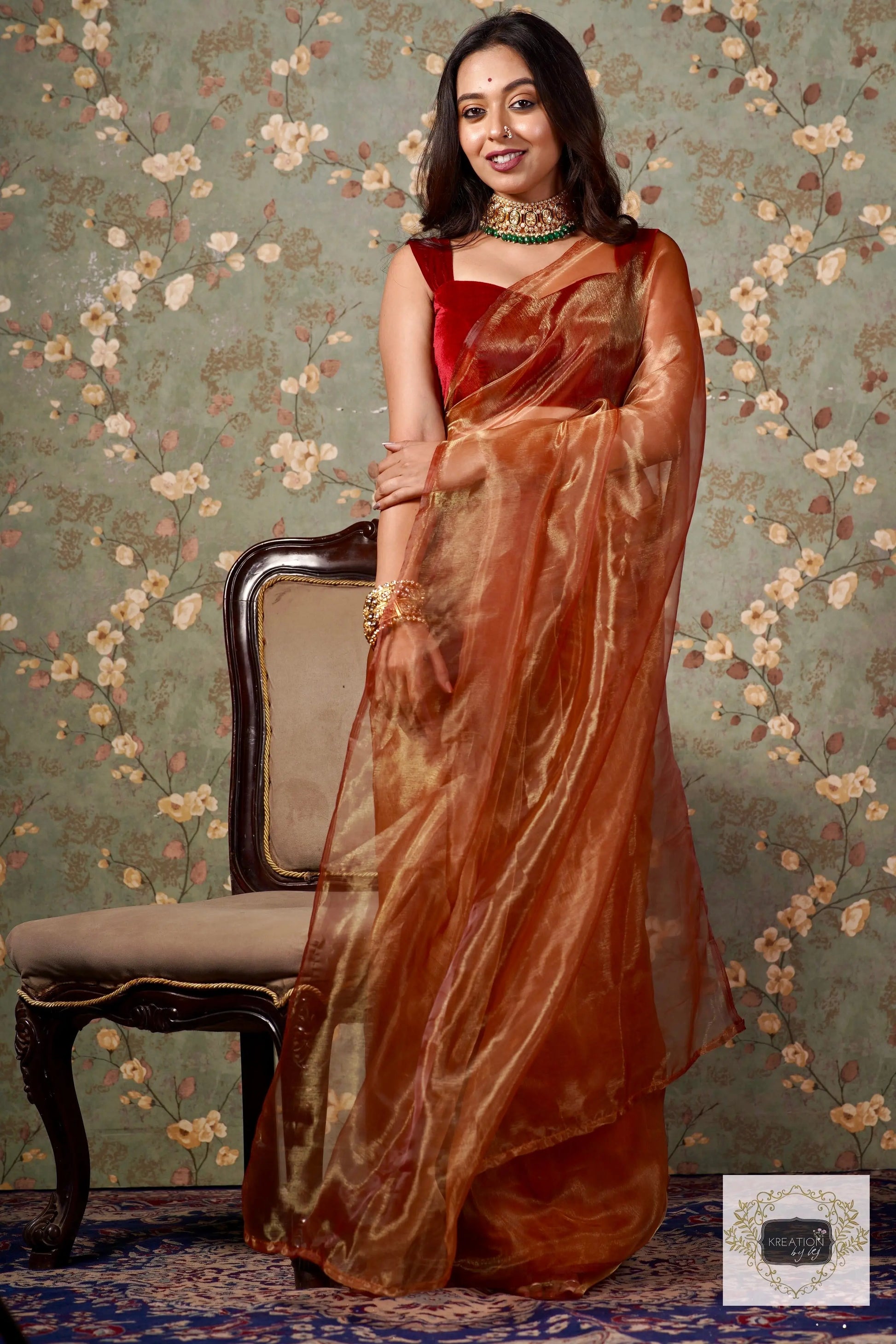 Golden Auburn Glass Tissue Saree kreationbykj