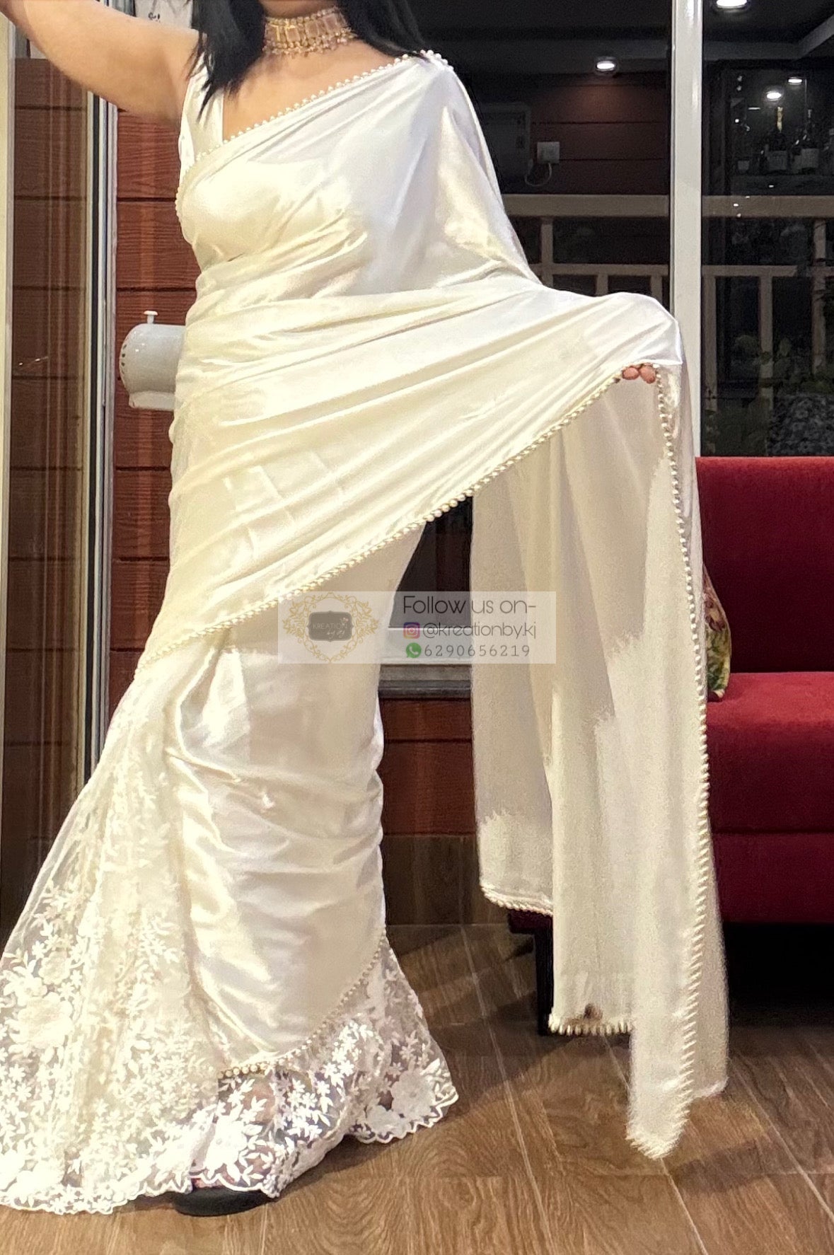 Cream Cheery Blossom Saree kreationbykj