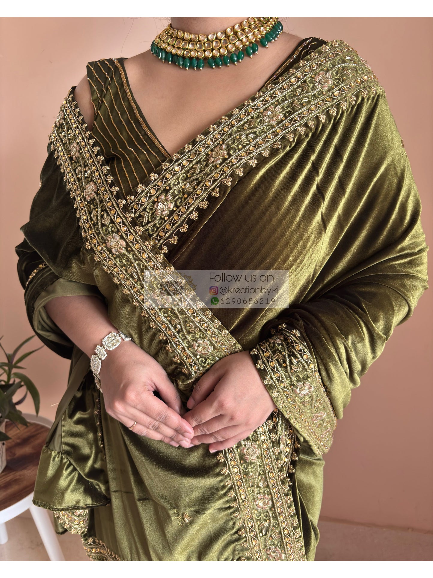 Mehendi Green Velvet Zarina Saree for Wedding Kreation by KJ
