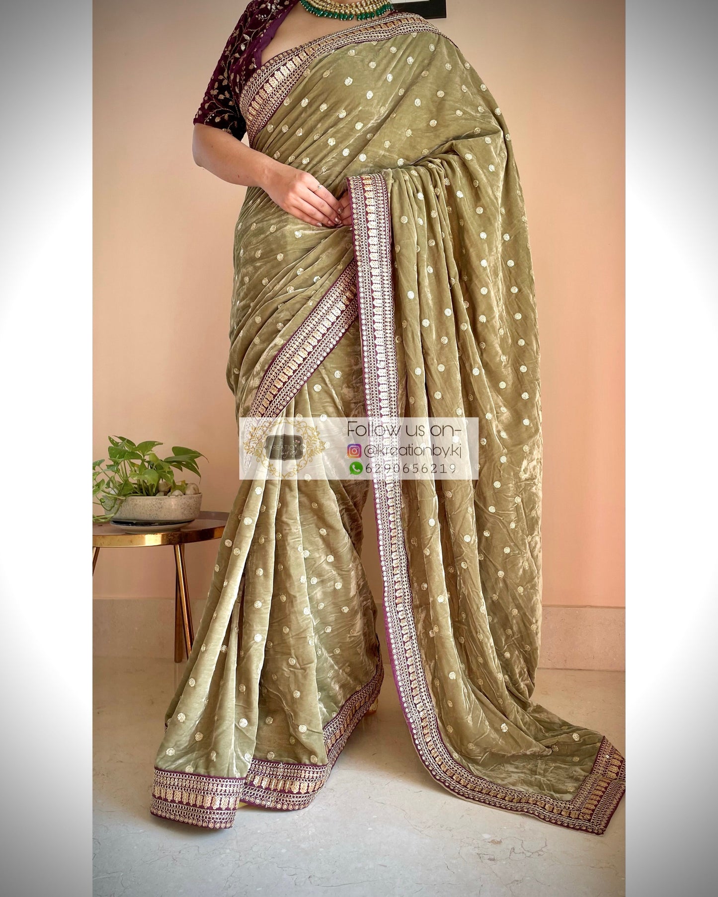 Sage Green Velvet Saree With Border kreationbykj